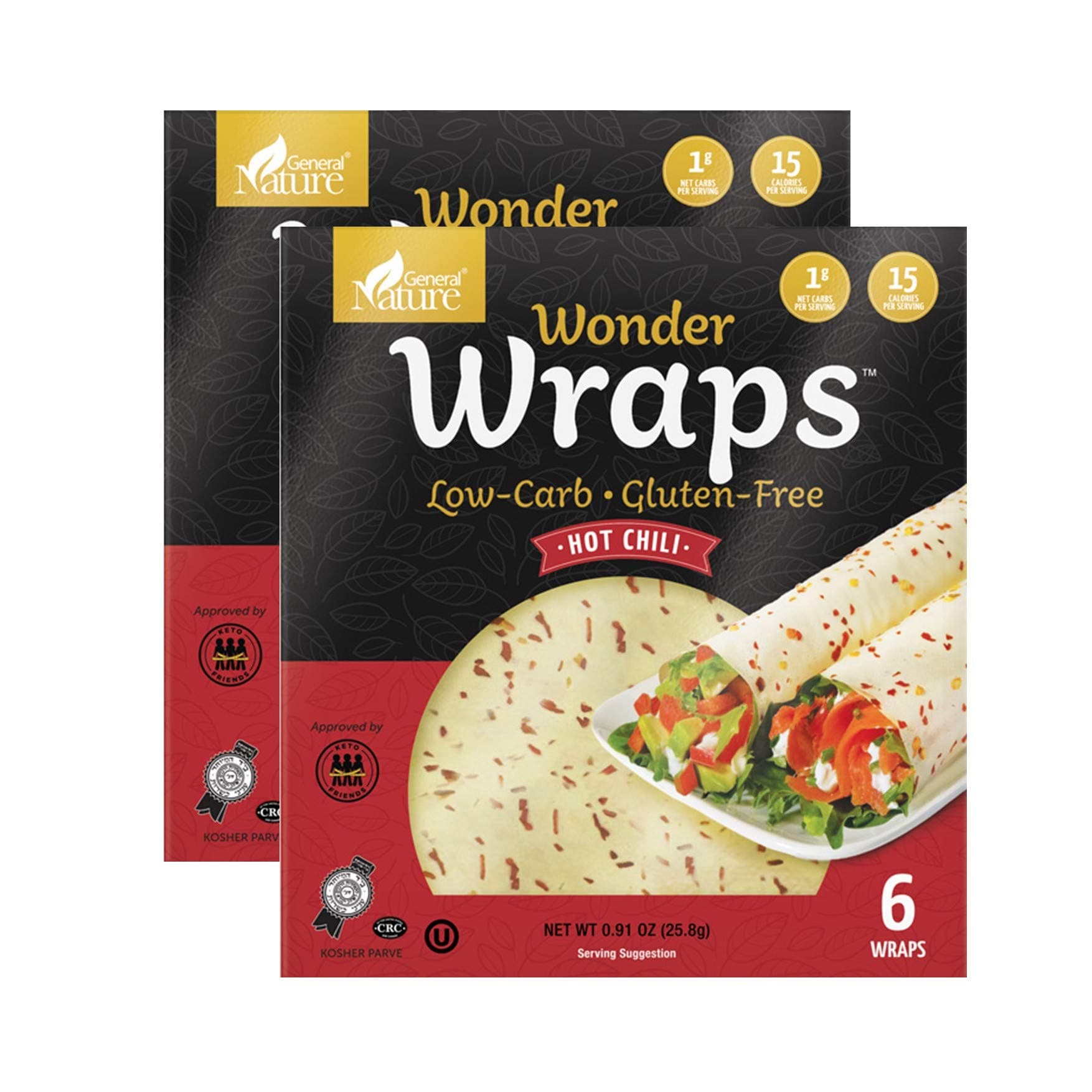 Wonder Wraps - Hot Chili - Delicious Gluten Free, Low Carb Keto Tortillas | Non-GMO Low Calorie Burrito Wraps | Perfect for Weight Loss | Soy and Nut Free, Vegetarian Food - (2 Pack x 6 Each)