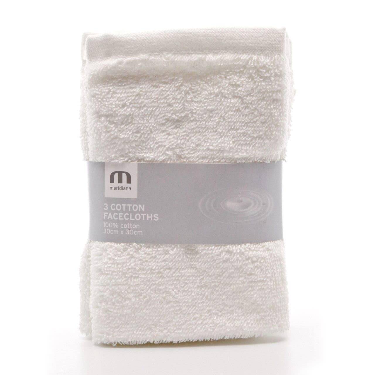 Meridiana Super Soft 100% Cotton Family Washcloths. Machine Washable. White. 3 Pack. 30cm X 30cm X