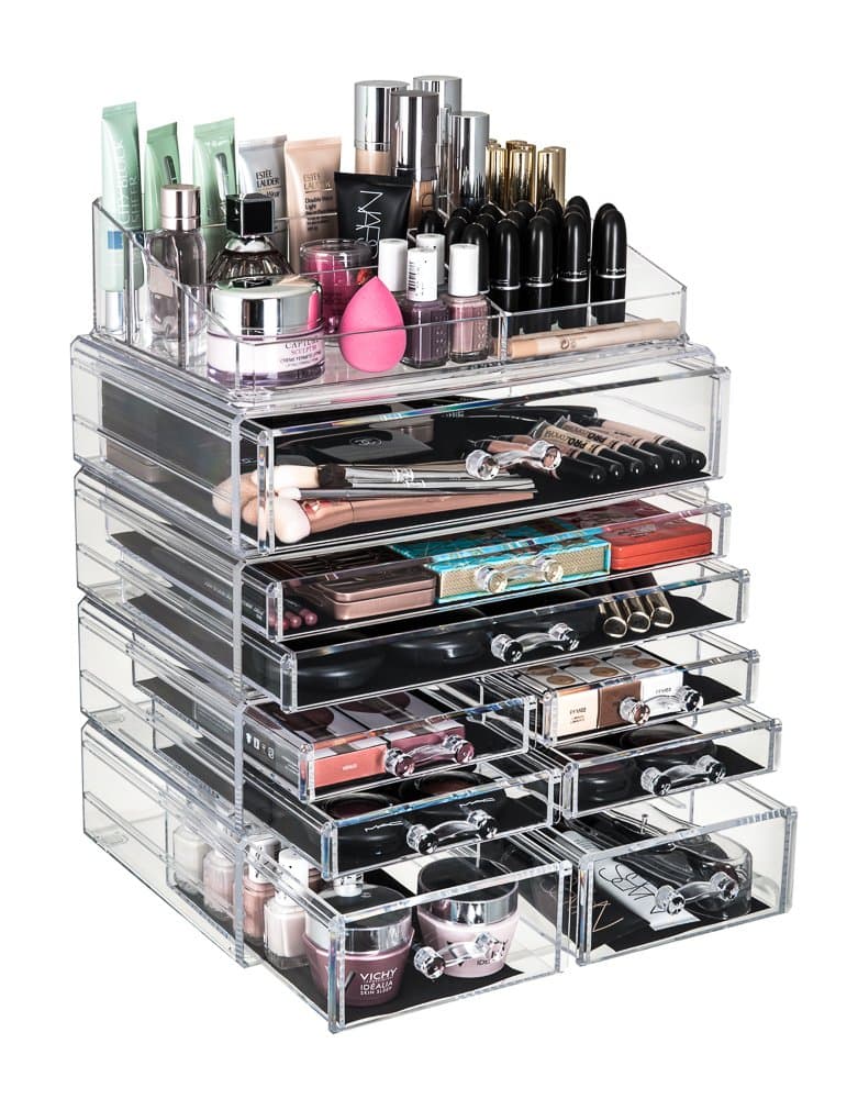 Glamsmacked Professional Clear Acrylic Cosmetic Organiser with Storage Tray - Perfect for Organising Make Up, Nail Polish, Varnish, Brush Sets, and Jewellery (9 Drawer)