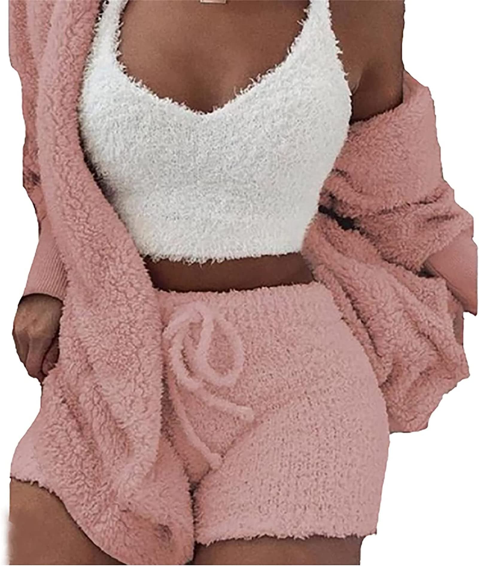 Women's Winter Plush Home Wear Casual 3 Piece Pajamas Long Sleeved Fluffy Hooded Jacket with Open Front Coat & Shorts & Vest Suit Fashion Keep Warm Clothes