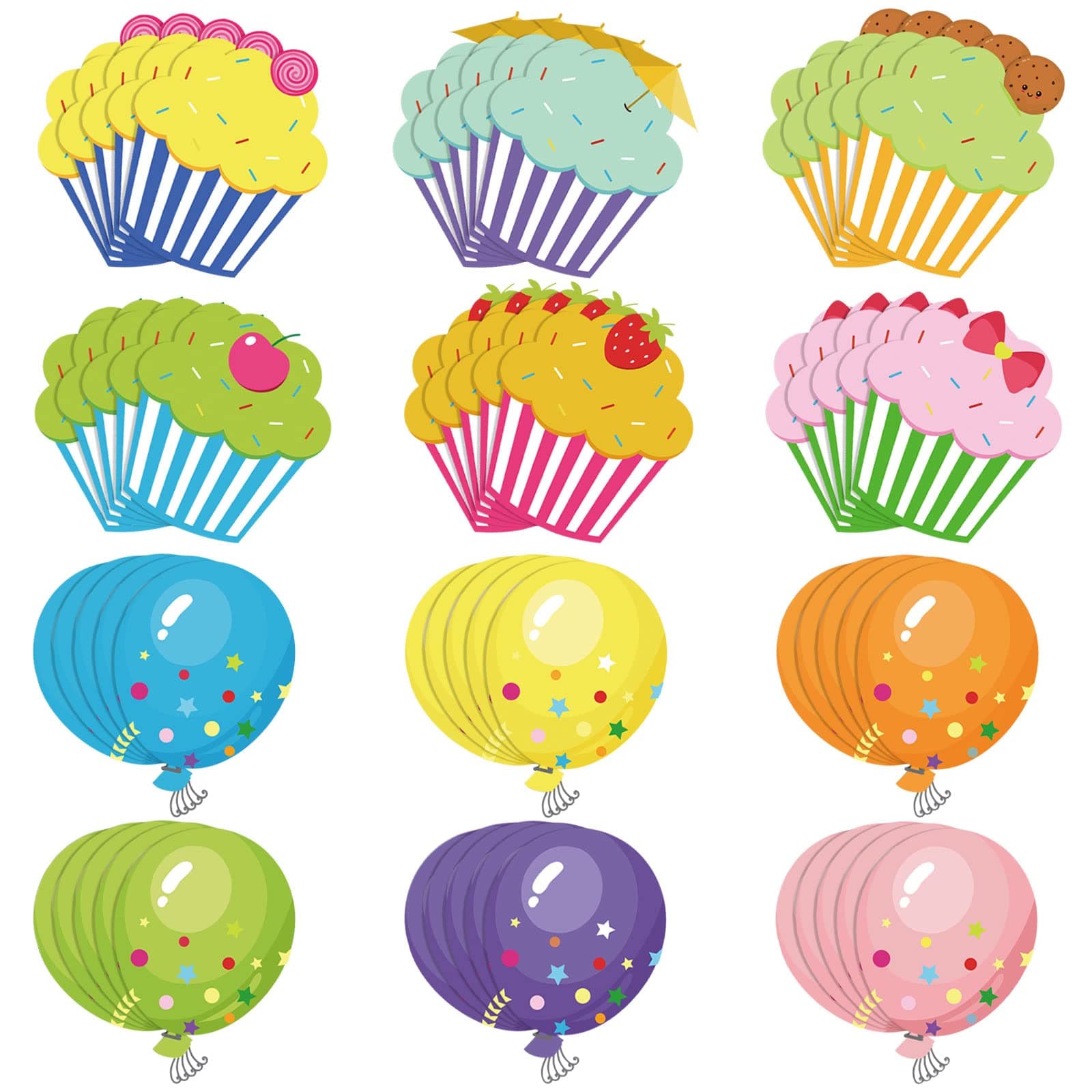 Yexiya 60 Pieces Colorful Cupcake Cutouts Birthday Classroom Bulletin Board Decorations Creative Cupcakes Balloons Cutouts Name Tags for Classroom Door Decorations (Cupcake, Balloons)