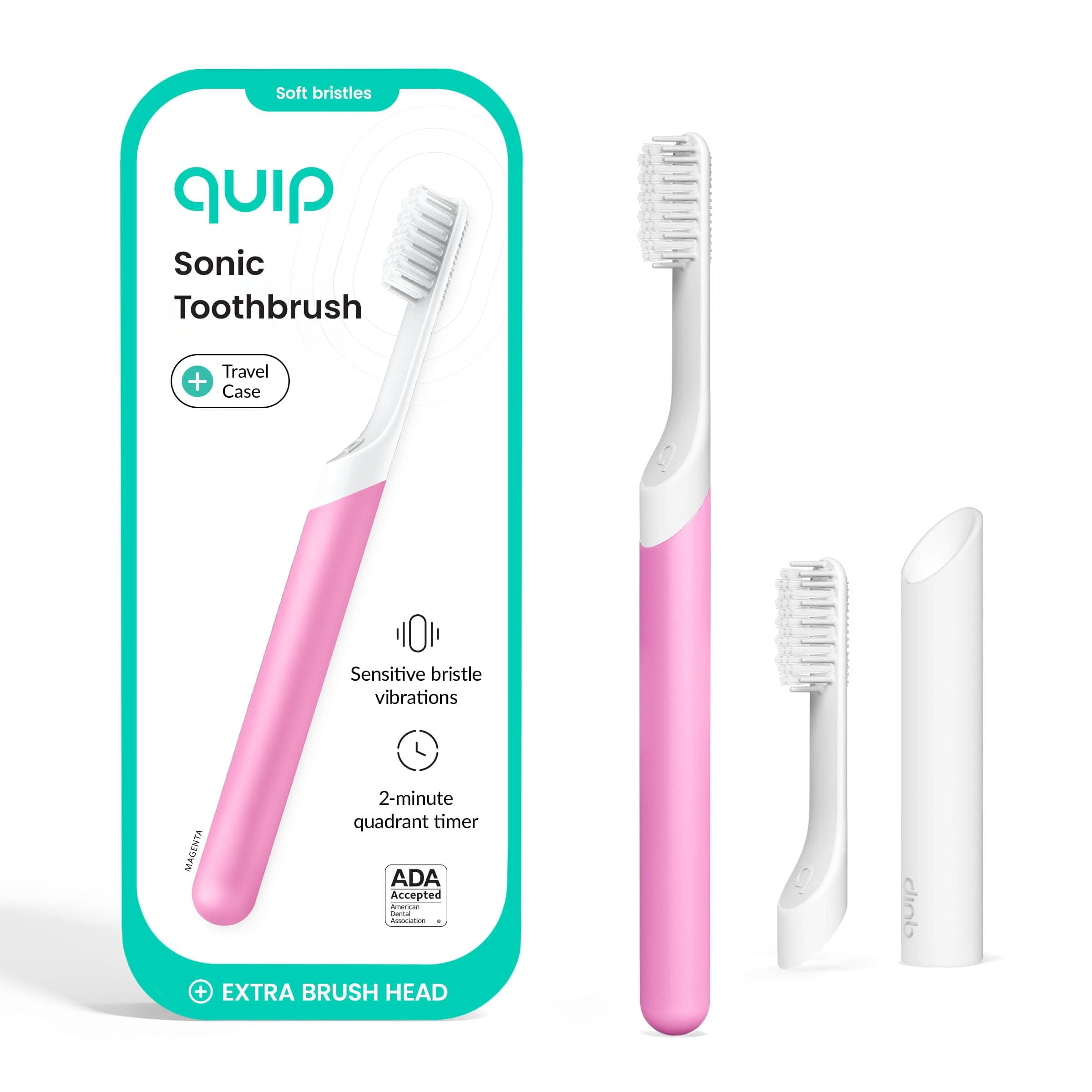 Quip Sonic Electric Toothbrush for Adults - Time Travel & Soft Bristles with Travel Case & Replacement Brush Head - 3 Month Battery Life, Plastic Handle - Magenta