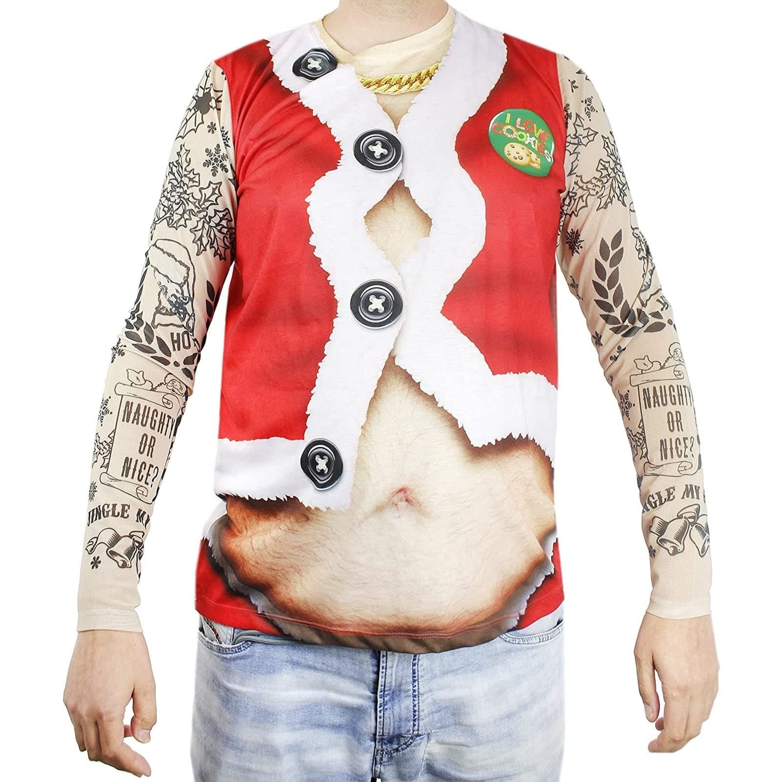 Funny Christmas Shirt with Tattoo Sleeves, Santa Top for Adults (Size Large)