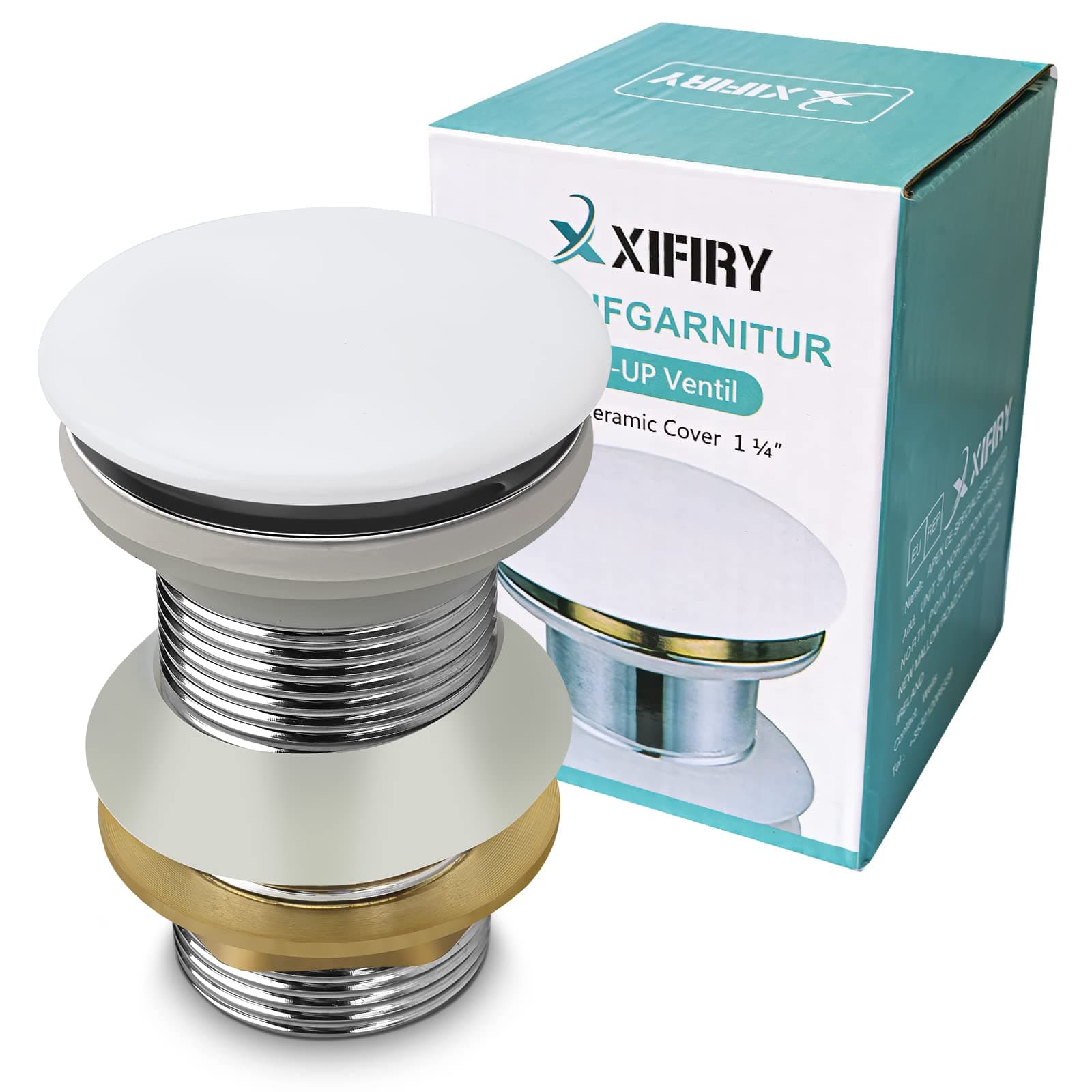 XIFIRYChrome Unslotted Pop Up Basin Sink Waste Ceramic Waste Plug Without Overflow (White)