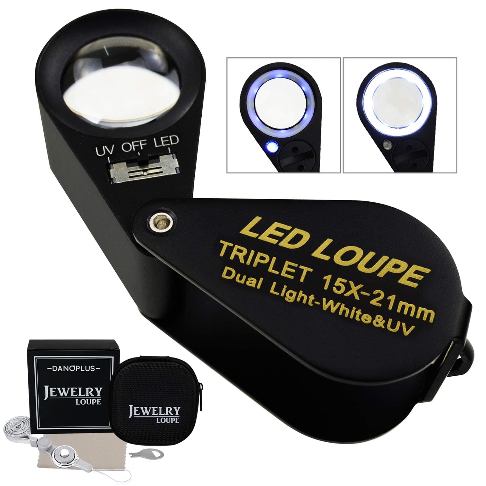 15x Magnifier Jewelry Loupe LED UV 21mm Triplet Lens Optical Glass Pocket Gem Magnifying Tool Jeweler, Stamp Philatelist, Coin Numismatic