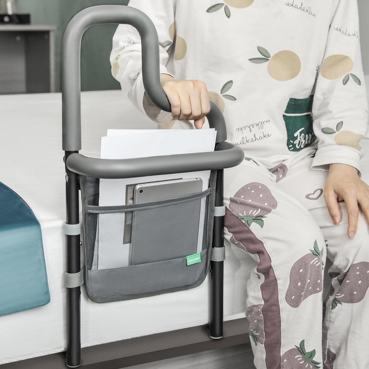 Xentrawave Dual Bar Bed Rail for Elderly Adults Safety with Storage Pocket, Bed Assist Rail for Seniors for Easily Getting in & Out of Bed, Bed Rails Fits King, Queen, Full, Twin Bed - Grey