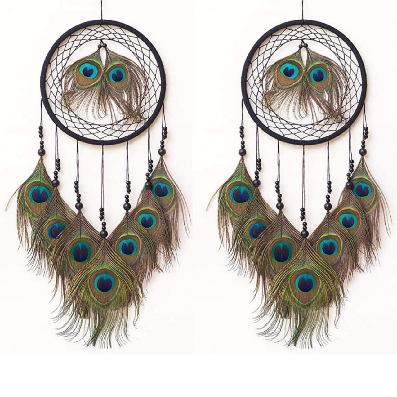 Mehruna Dream Catchers Wall Hangings for Home Decor Bedroom Livingroom Balcony Handmade Dreamcatcher for Positivity Peacock Feathers Wall Decoration Items for Kids Room (22L x 45H cm, Pack of 2)