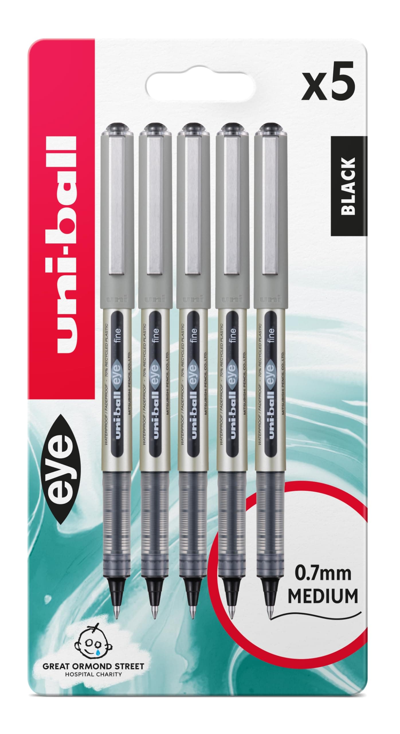 Eye UB-157 Black Rollerball Pens. Premium Fine 0.7mm Ballpoint Tip for Super Smooth Handwriting, Drawing, Art, Crafts and Colouring. Fade and Water Resistant Liquid Uni Super Ink. Pack of 5