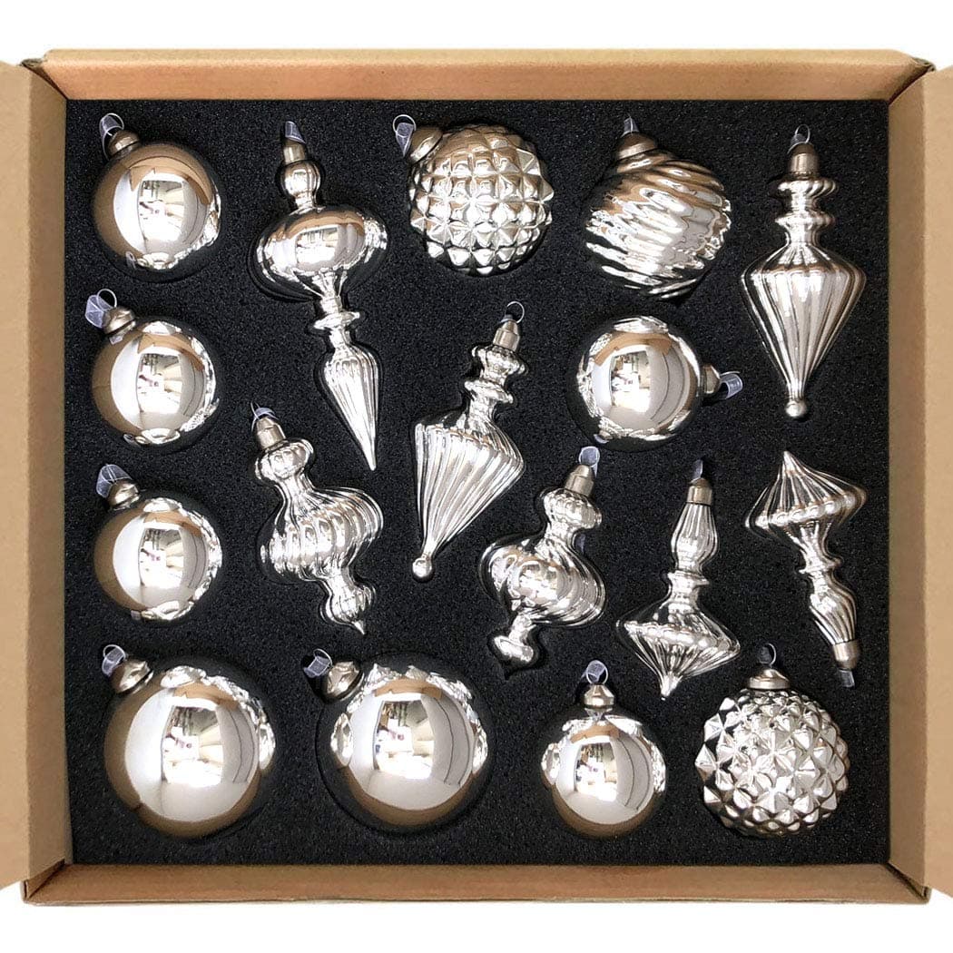 glasburg Glass Christmas Ornaments Antique Shiny Silver Size Medium(17 Ornaments)