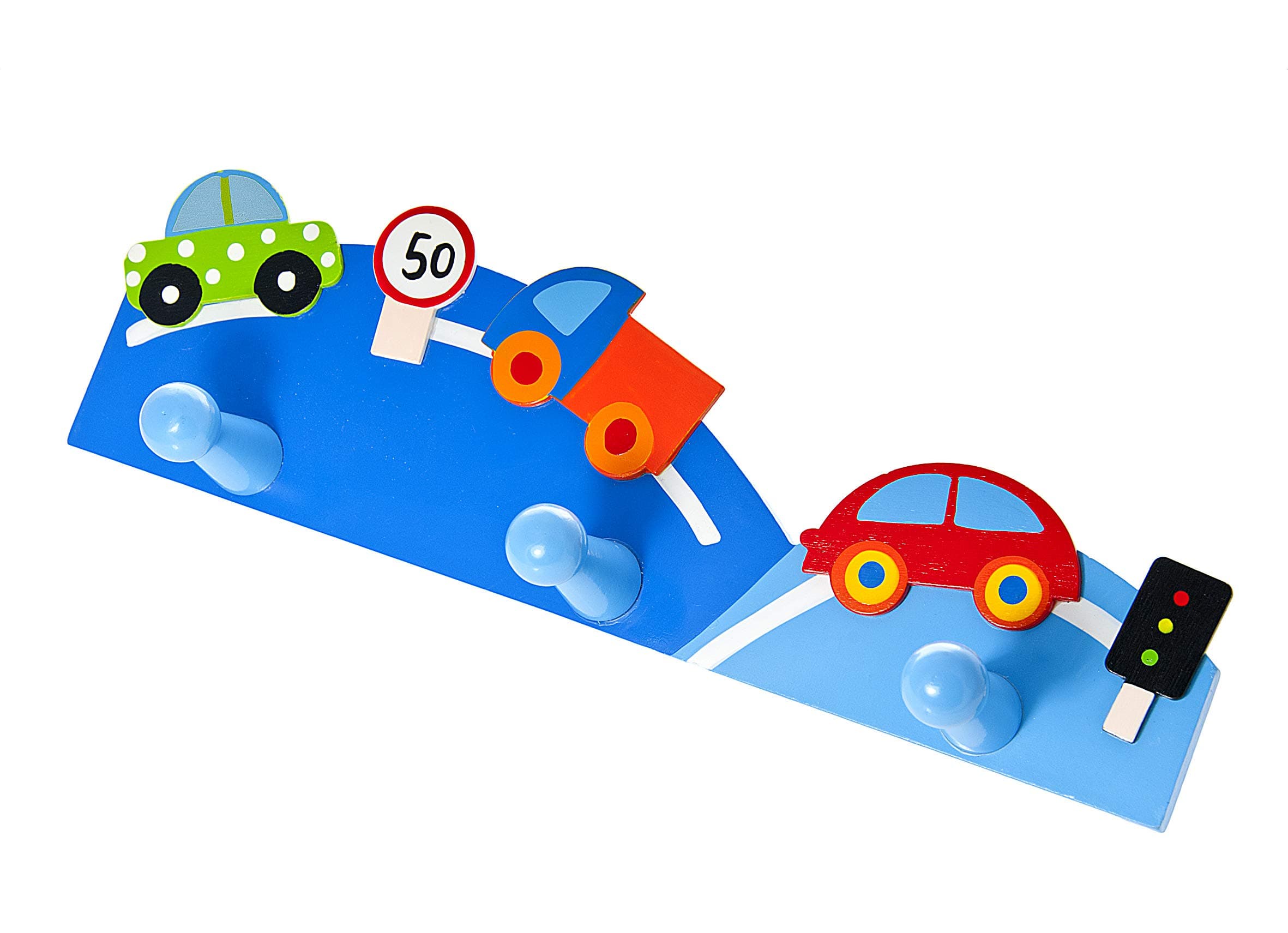 Mousehouse Gifts - Triple Coat Hook Wall Hanger, Car-Themed Wooden Door Hooks for Children's Nursery or Bedroom (Cars)