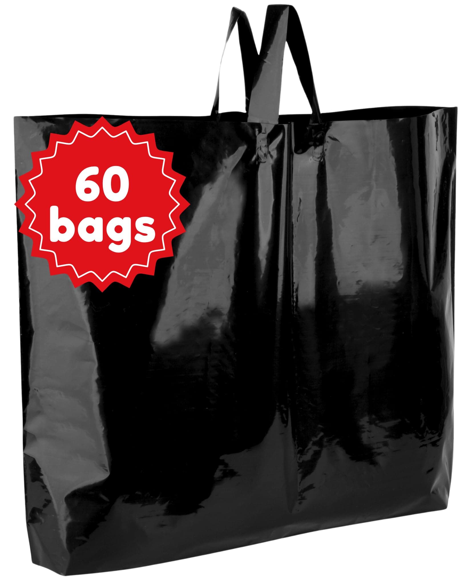 19.5x15 Large Plastic Shopping Bags with Handles - 3 Mil Thick Heavy Duty Black Merchandise Bags for Small Business, Boutique & Retail - Glossy Gift Bags (60 Pack)