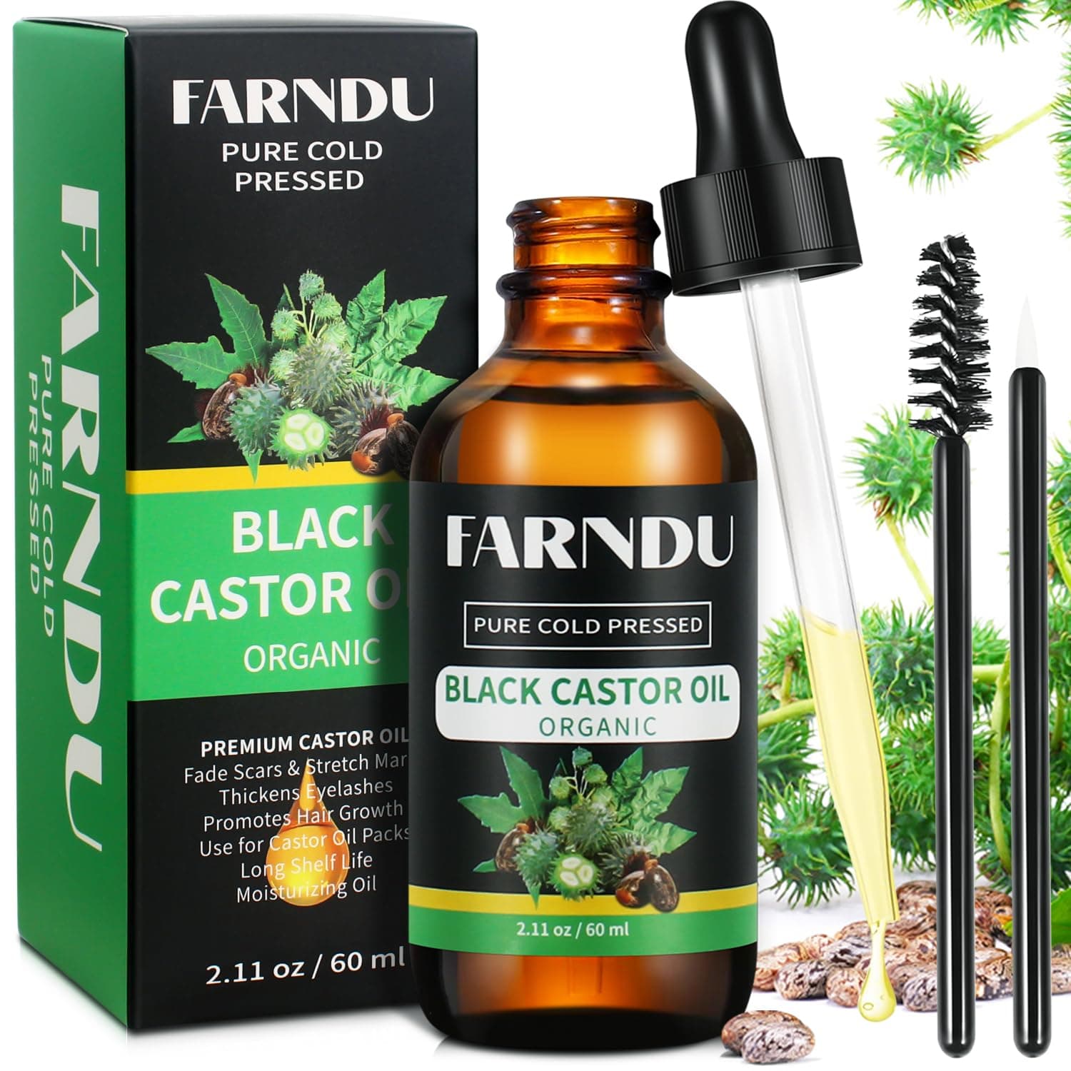 Organic Castor Oil, Cold Pressed Unrefined Glass Bottles Black Castor Oil for Eyelashes, Eyebrows, Hair Growth, Face, Skin and Body Care