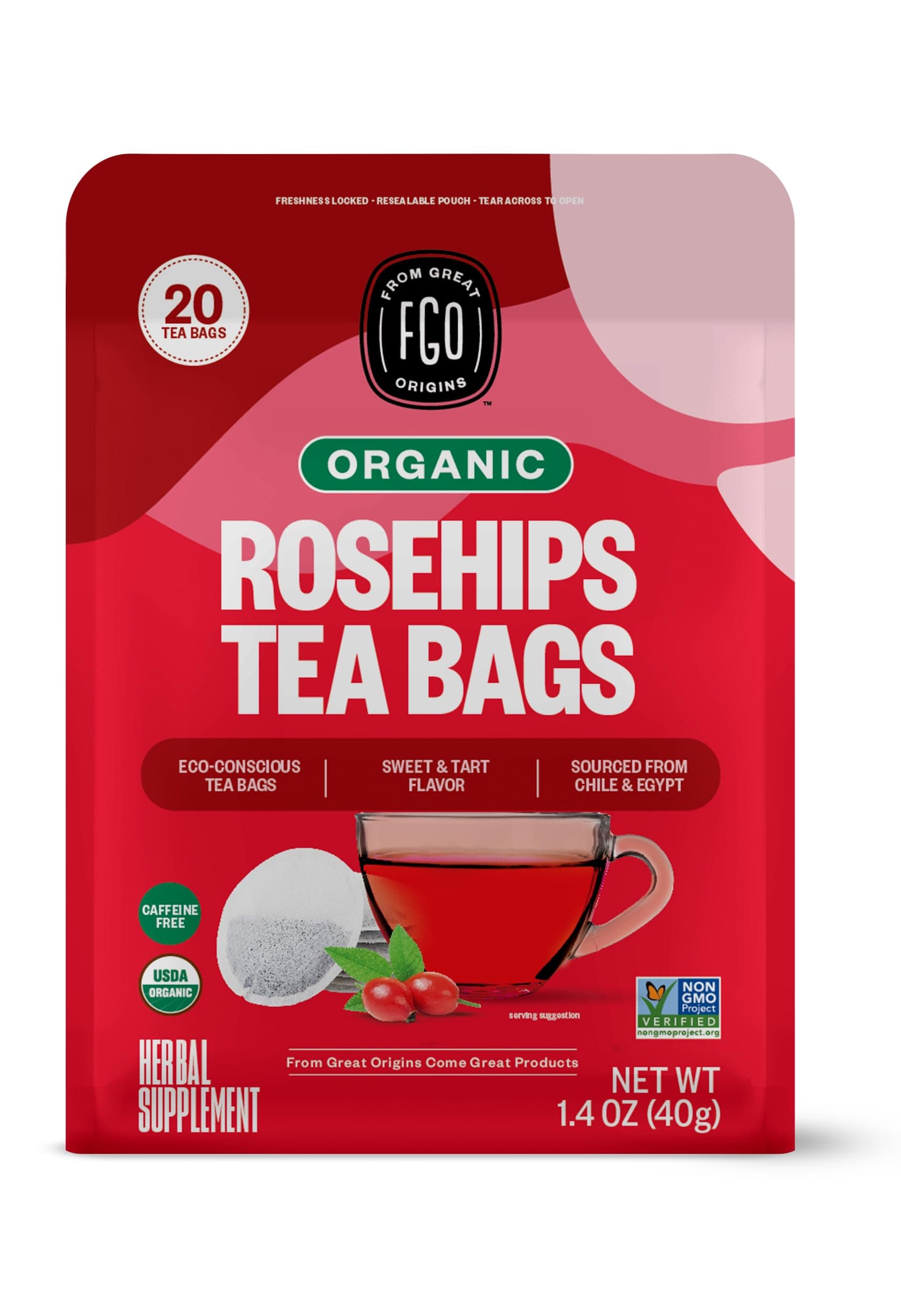 FGO Organic Rosehips Tea, 20 Count, Eco-Conscious Herbal Tea Bags, Resealable Bag, Caffeine Free, Packaging May Vary (Pack of 1)