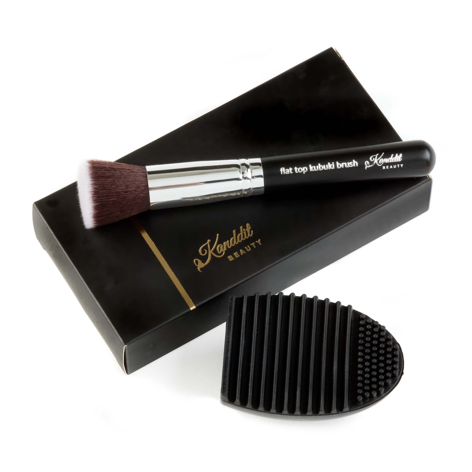 Kanddit Beauty™ Make Up Brush With Brush Cleaner Egg Foundation Kabuki Flat Top - Perfect For Blending Liquid Cream or Flawless Powder - Buffing Stippling Concealer - Premium Quality Bristles (Black)