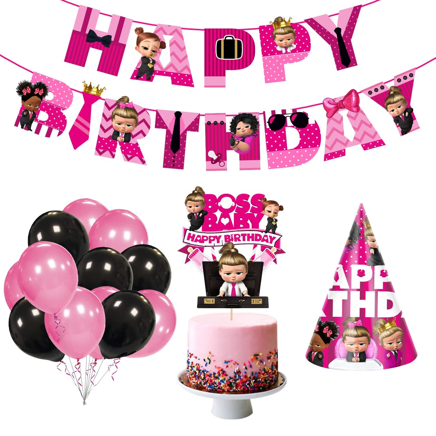 Baby Girl's Boss Happy Birthday Theme Party Supplies for Girls Baby Birthday Decorations Favors with Paper Banner ,Cake Topper ,Birthdayy Cap and Balloons( Pack of 28)