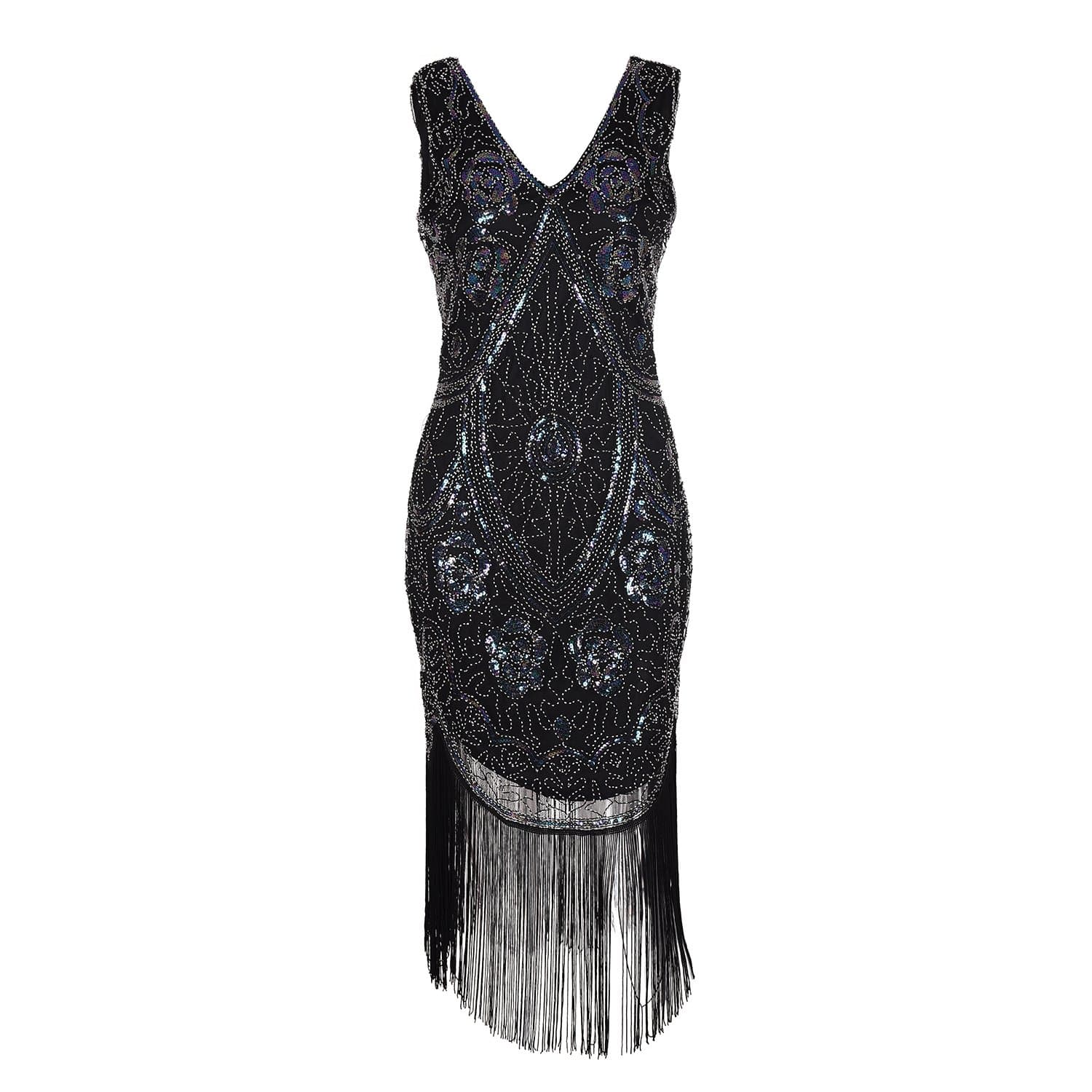 Sleeveless V Neck Sequin Rose Dress Great Gatsby Dress - Fringe Art Deco Dress