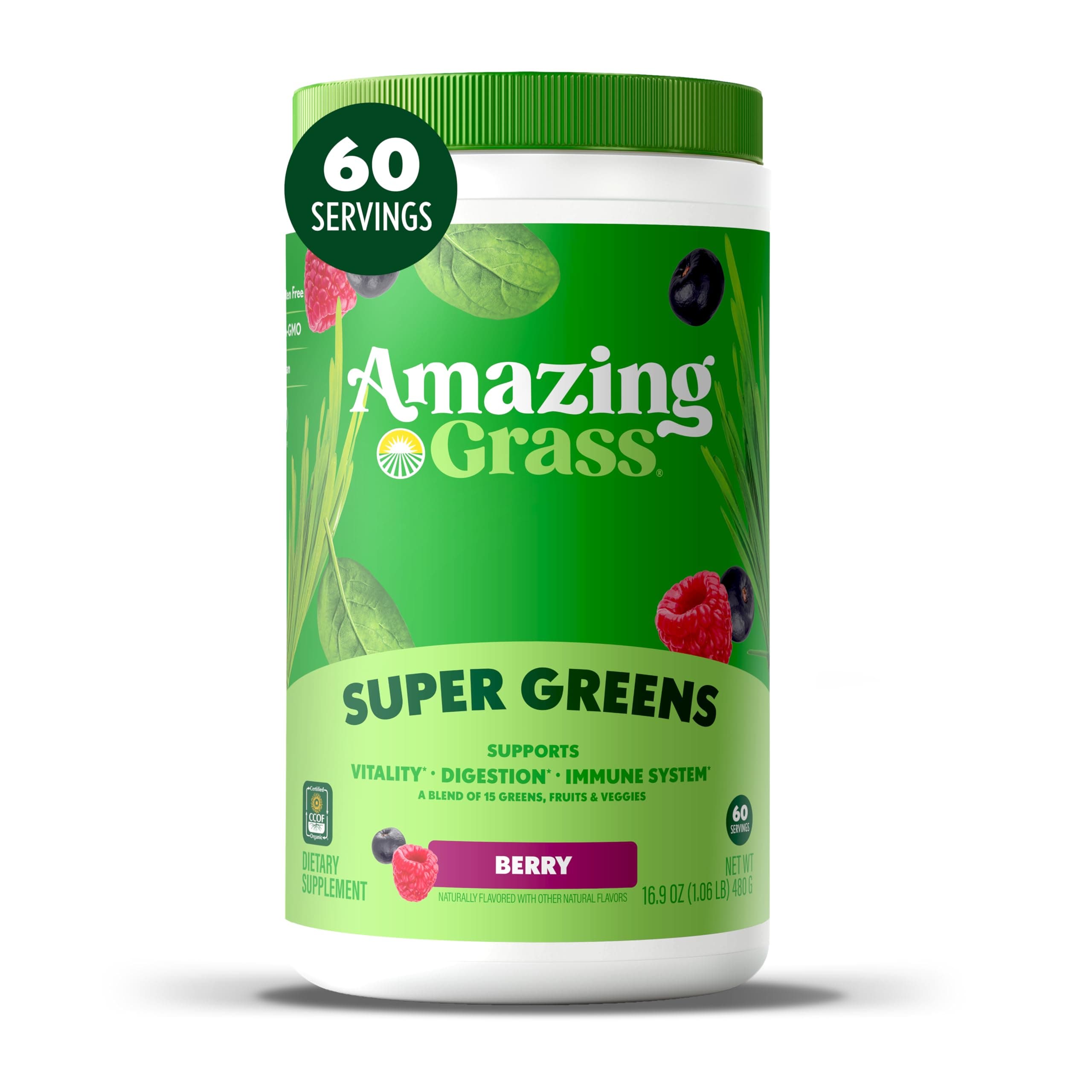 Greens Blend Superfood: Super Greens Powder Smoothie Mix with Spirulina, Chlorella, Beet Root Powder, Digestive Enzymes & Probiotics, Berry, 60 Servings (Packaging May Vary)