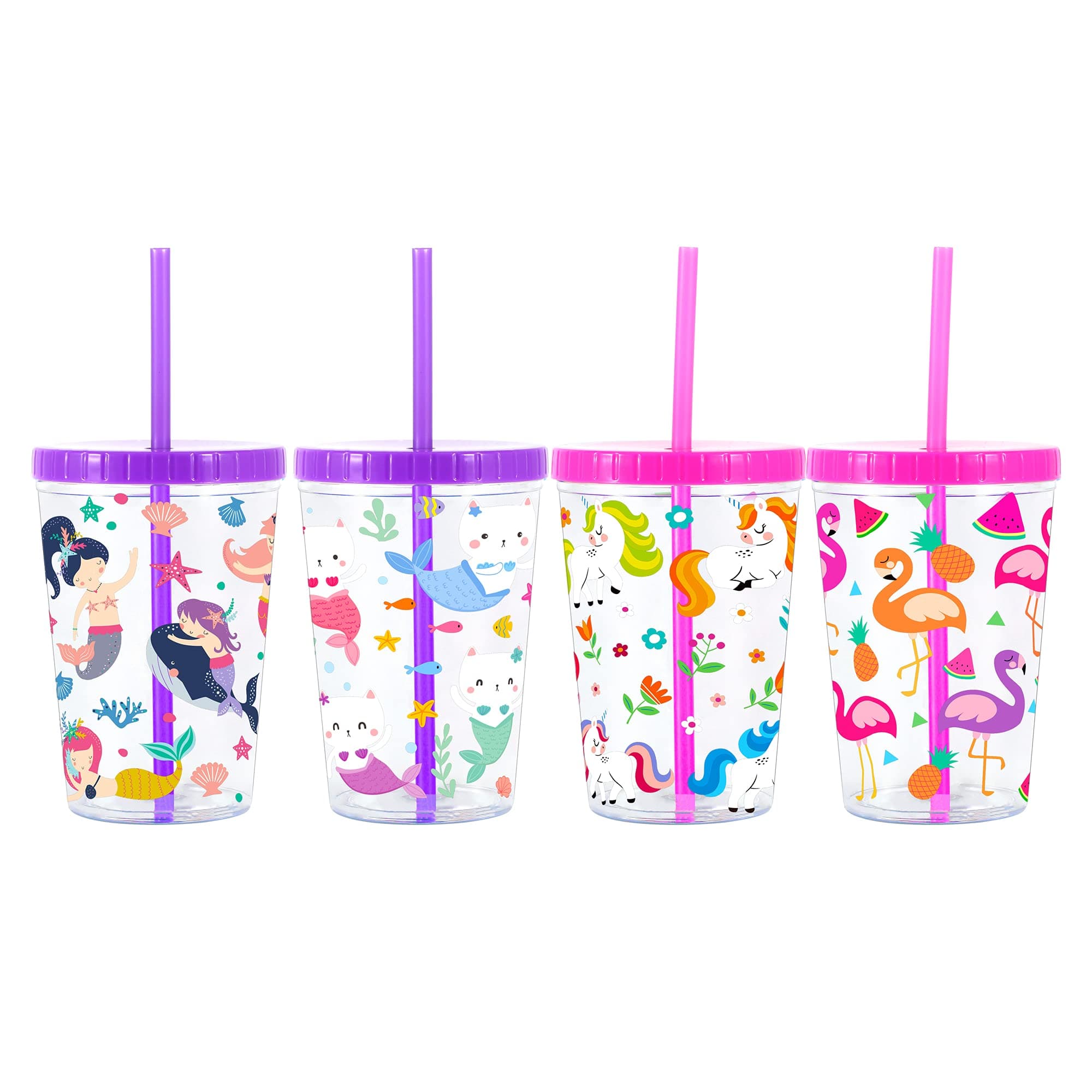Home Tune 16oz Kids Tumbler Water Drinking Cup 4 Pack - BPA Free, Straw Lid Cup, Reusable, Lightweight, Spill-Proof Water Bottle with Cute Design for Girls & Boys