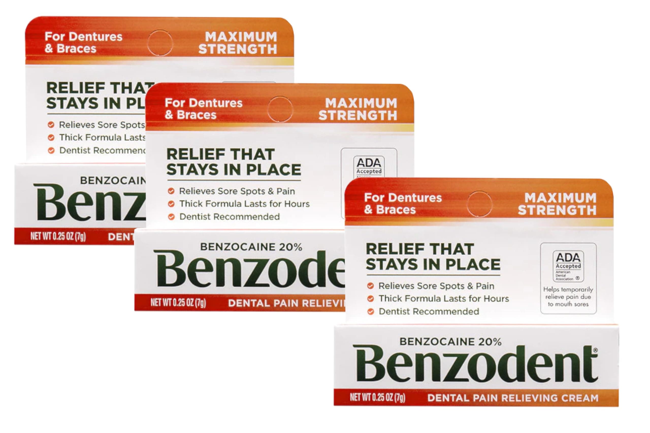 Benzodent Dental Pain Relieving Cream – Benzocaine 20% for Dentures & Braces, 0.25 oz (Pack of 3)
