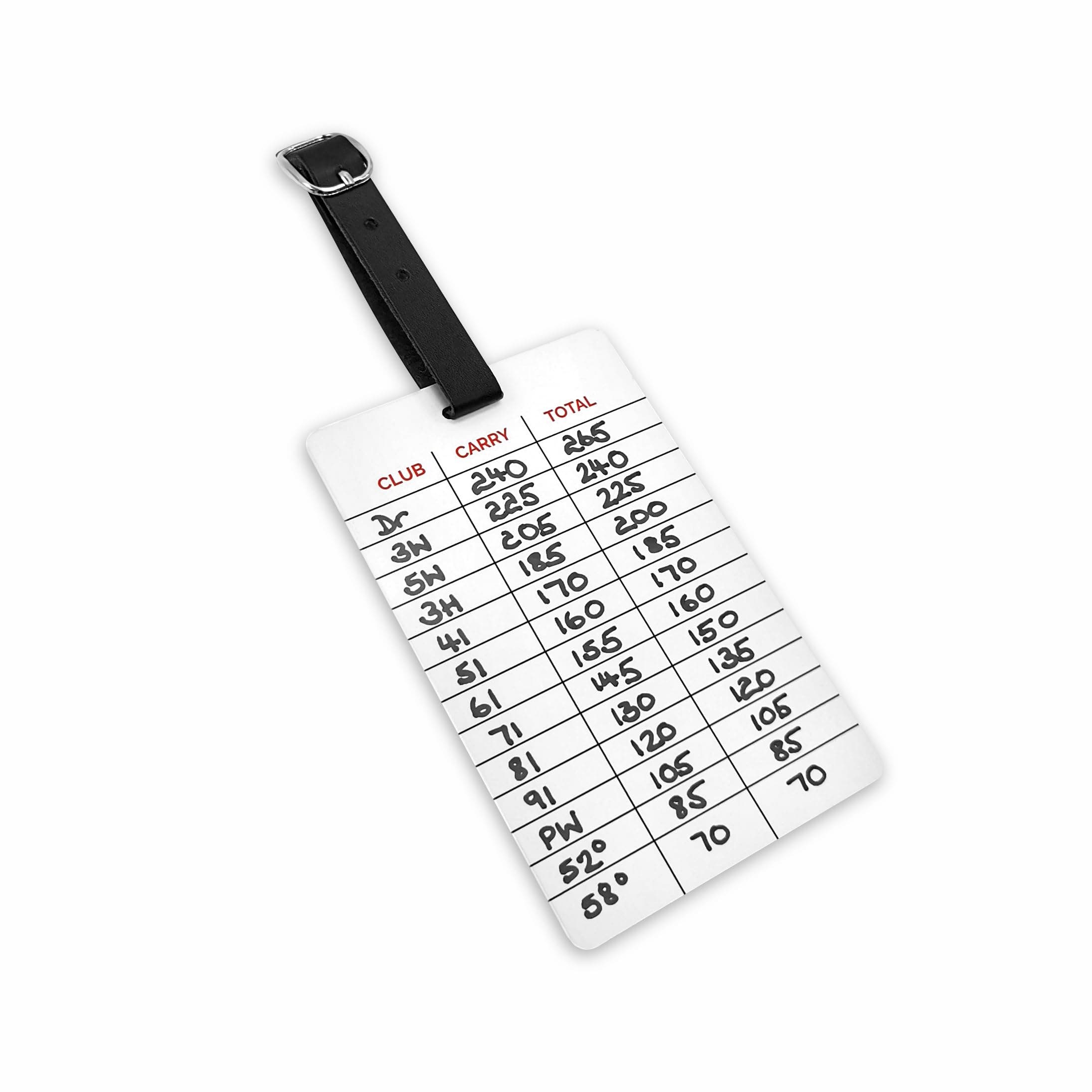 Golf Gapping Chart Bag Tag- Club, Carry & Total Distance Matrix for Full Bag