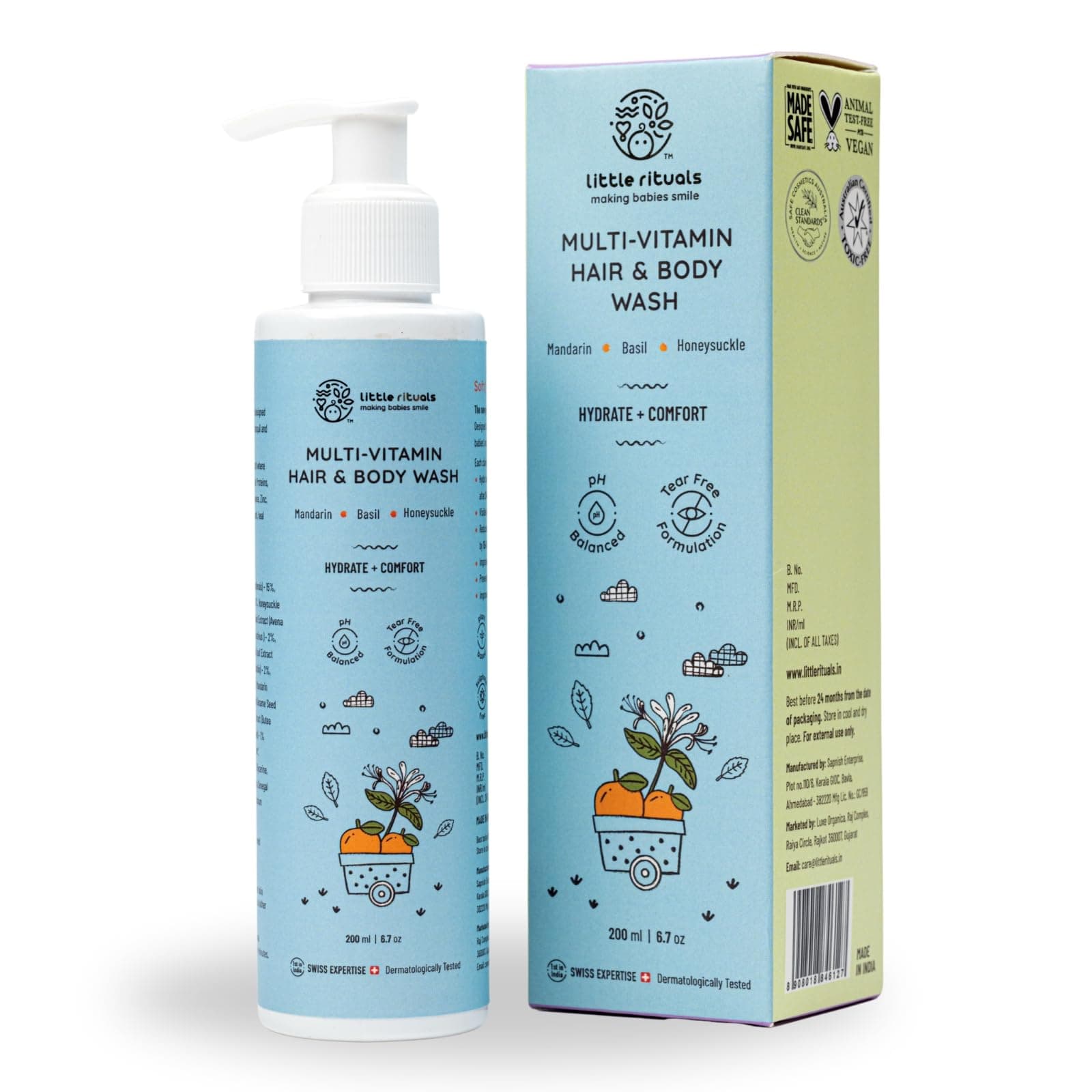 Baby Multi-Vitamin Body & Hair Wash - Tear Free + pH 5.5. Formulated with Best Plant Botanical - Honeysuckle, Basil, Mandarin. Natural, Organic, Dermat Tested(200ml)