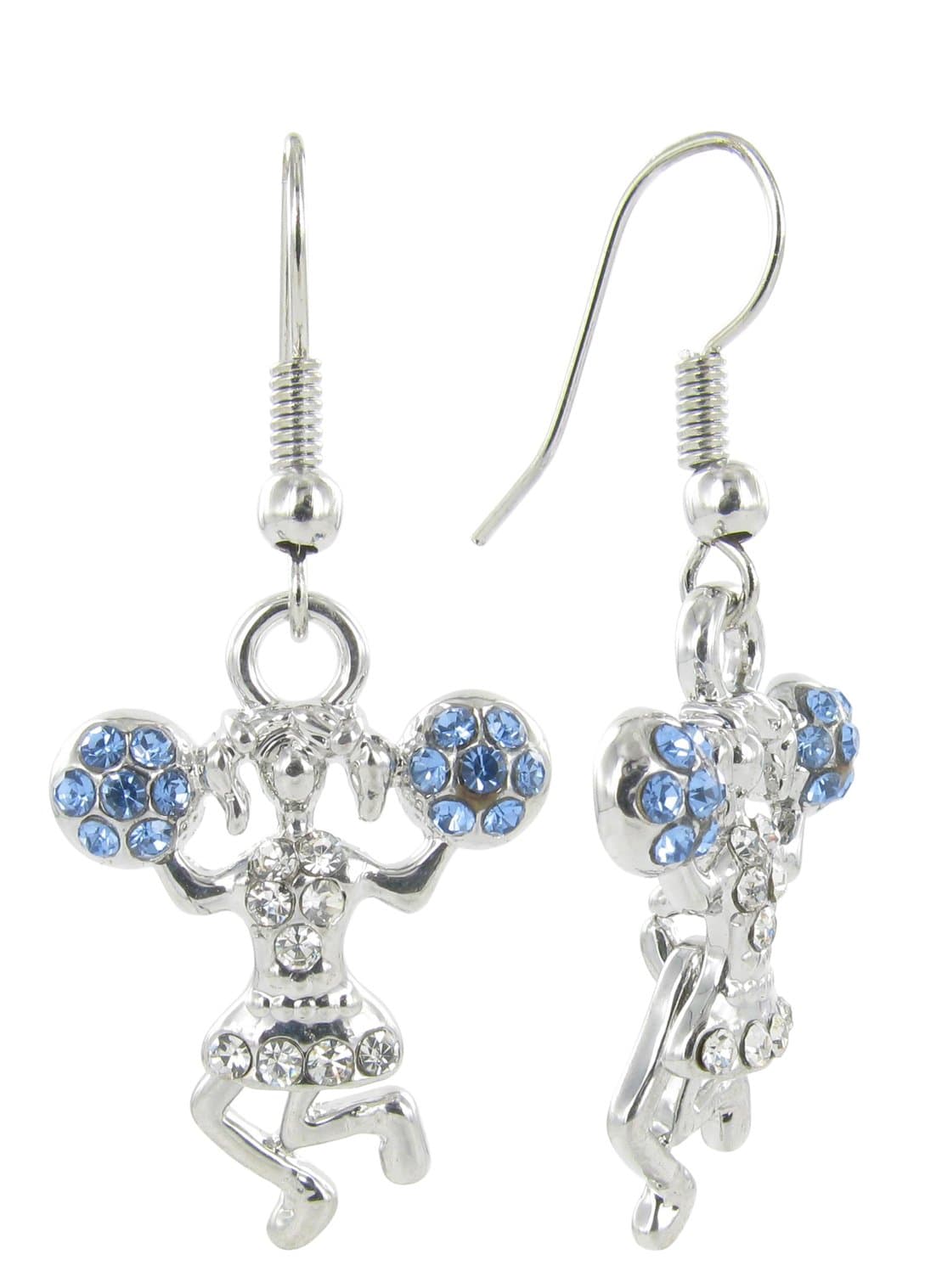 Cheerleader Rhinestone Fish Hook Earrings with Blue and Clear Crystals