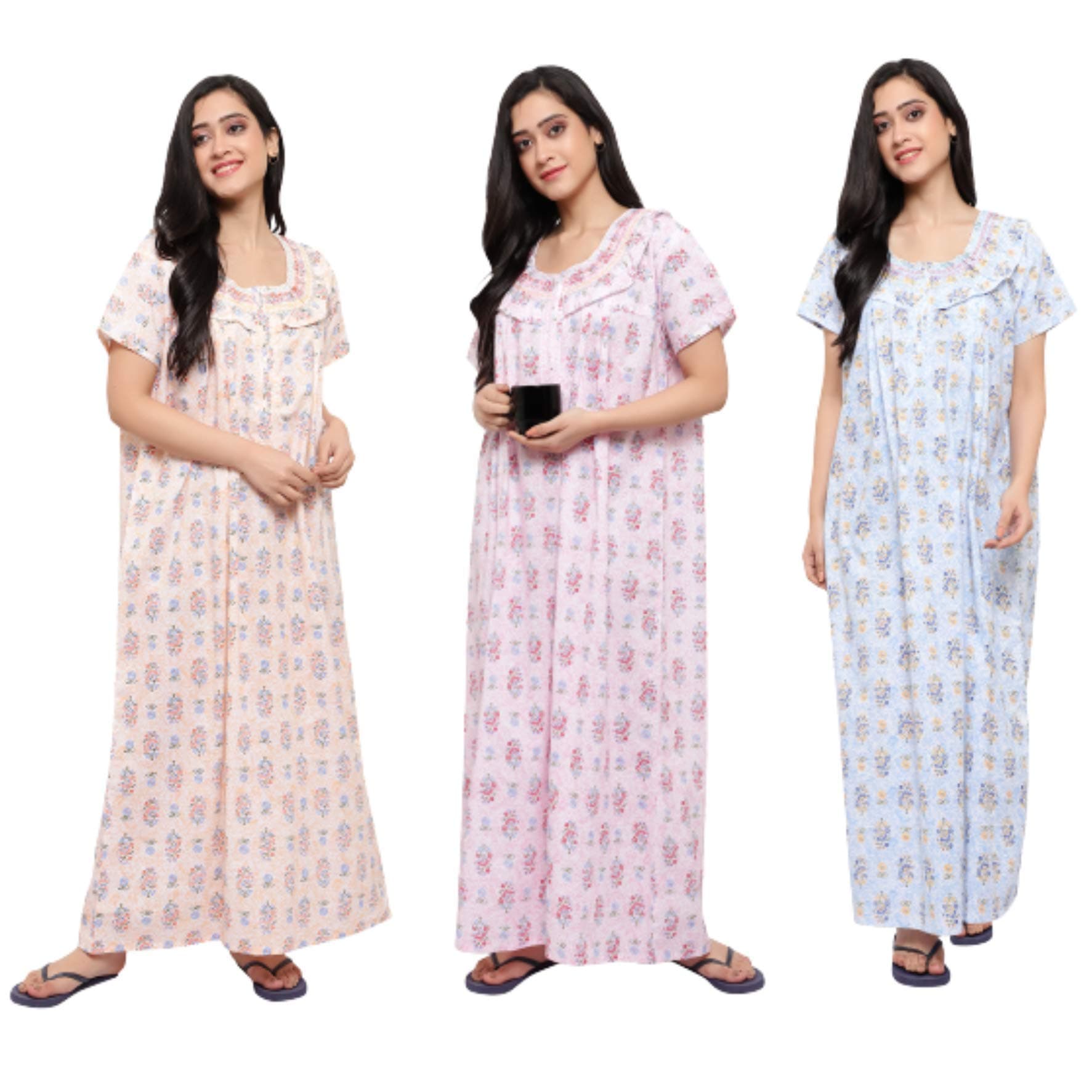 CIERGE Women's Cotton Printed Maxi Smoking Zip Nighty (Free Size; Pack of 3) Multicolour
