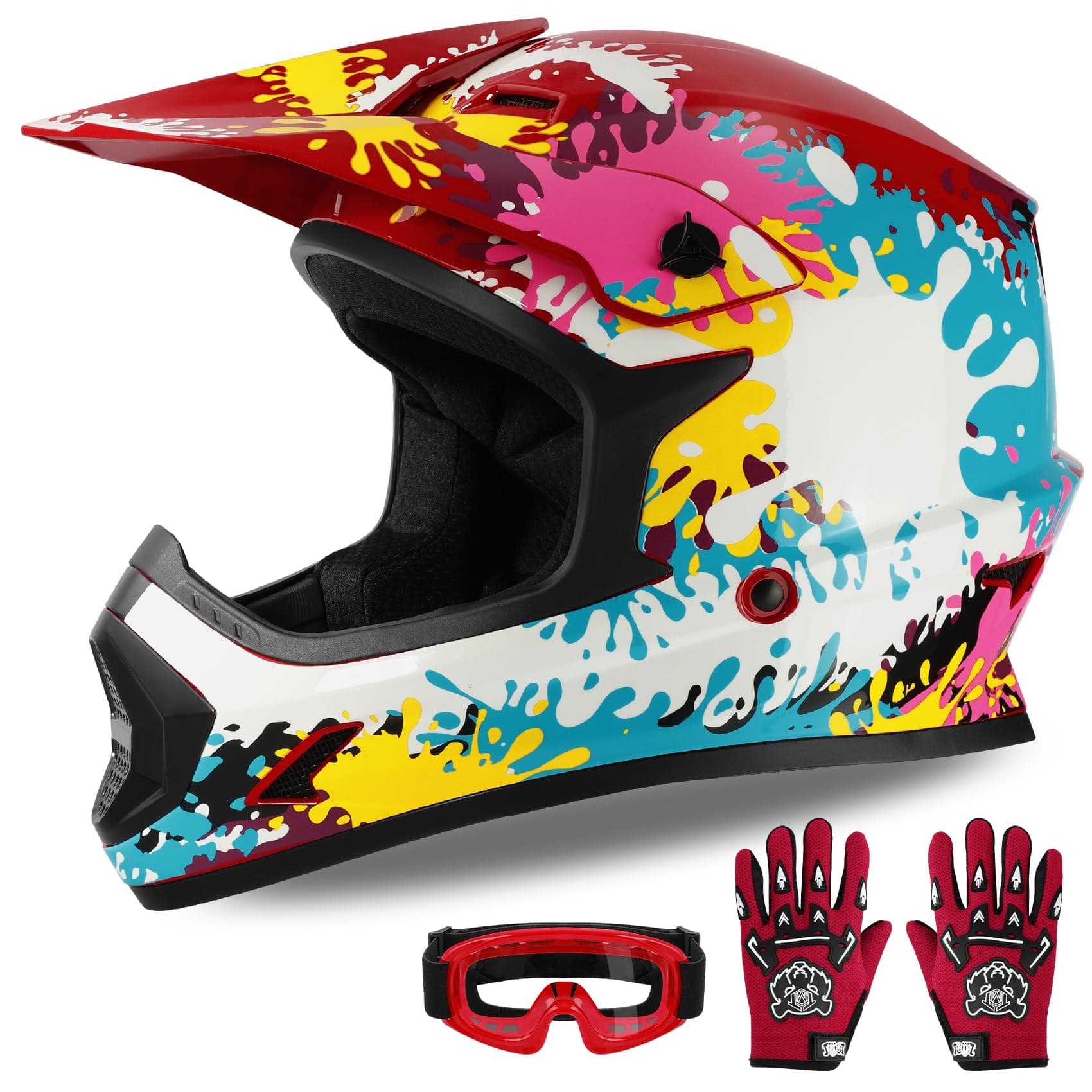 XFMT Kids Dirt Bike Helmet Youth Motorcycle Helmet DOT-Certified Full Face Helmets for Motocross ATV Off-Road Street Bike with Goggles & Gloves, Spray Graffiti Small