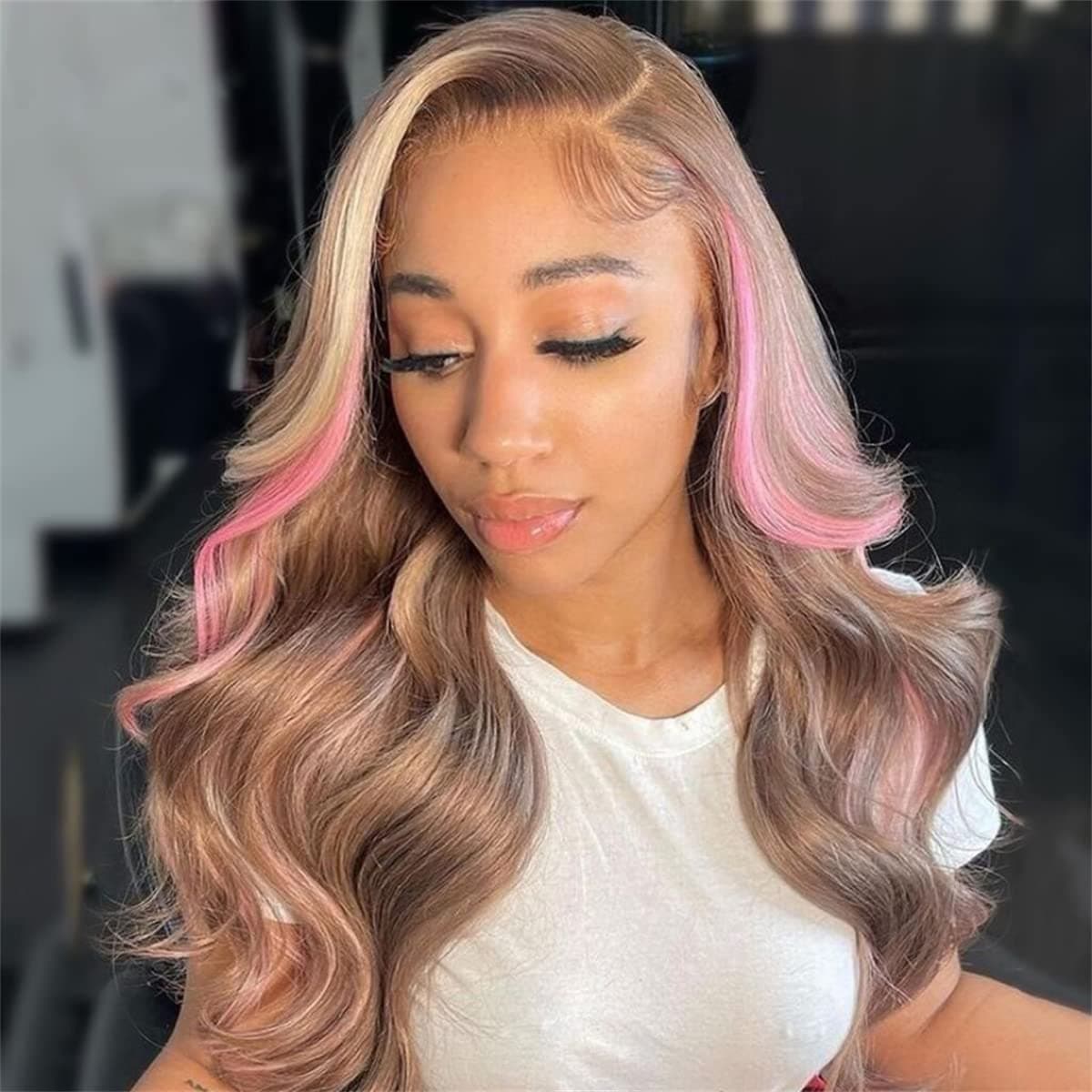 Orijodie Skunk Stripe Lace Front Wigs Human Hair Ombre Blonde with Pink Colored Body Wave Human Hair Wigs for Black Women 150% Density Glueless 13x4 HD Transparent Lace Frontal Wigs Pre Plucked with Baby Hair 30Inch