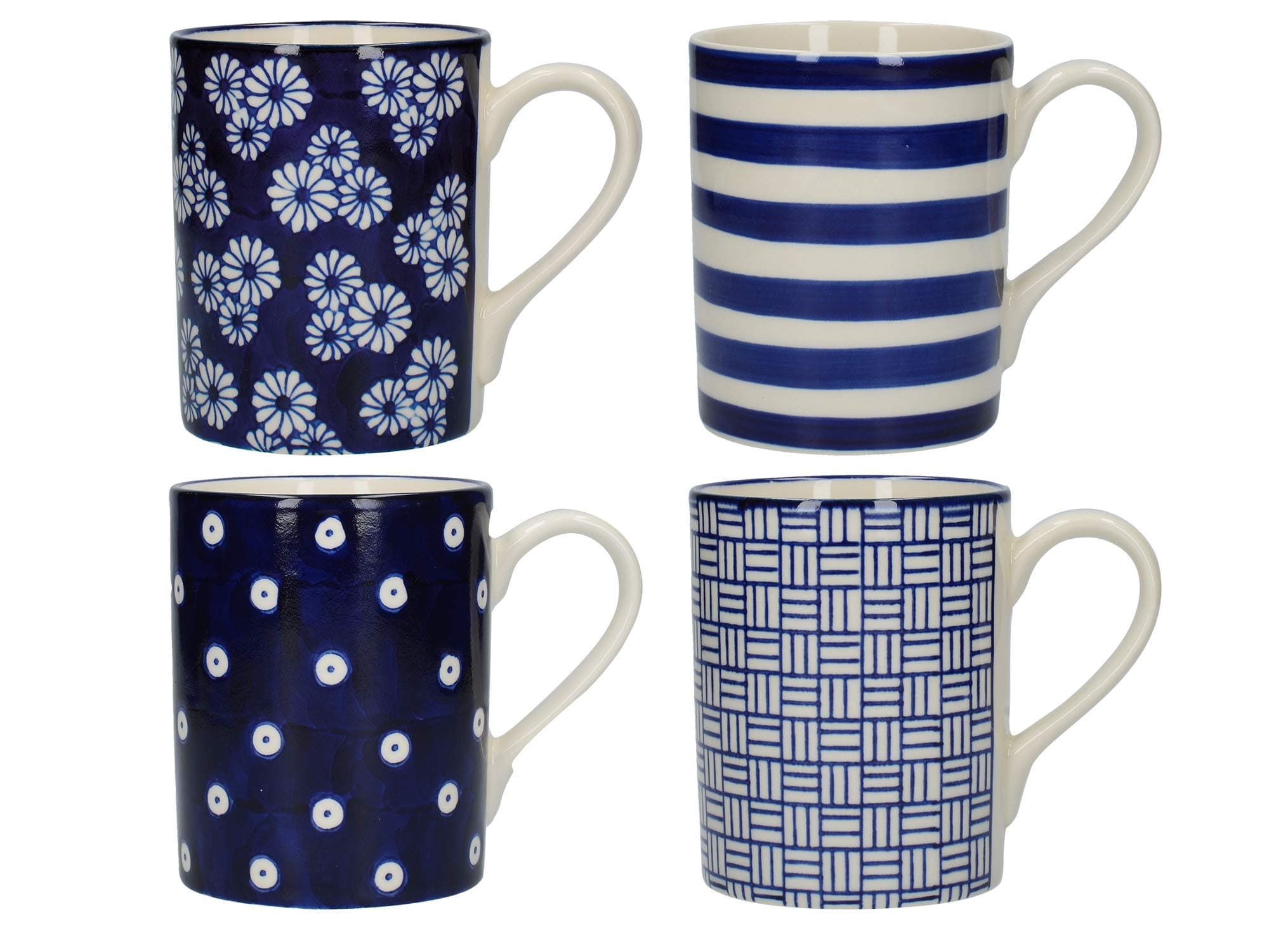 London Pottery JY18LT16 Out of the Blue Straight Coffee Cups / Tea Mug Set with Assorted Patterned Designs, Stoneware, Navy Blue, 350 ml (4 Pieces)
