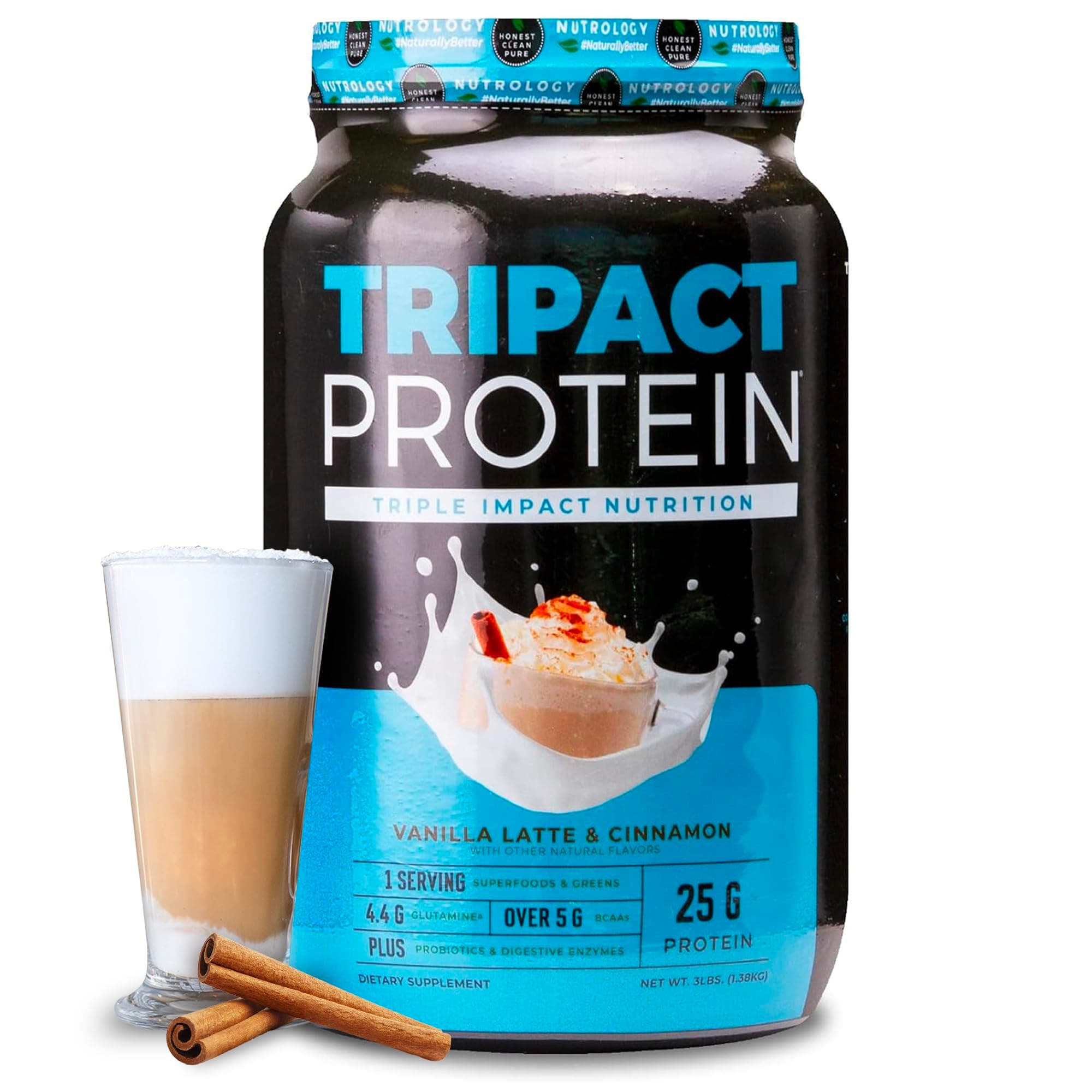 Nutrology TRIPACT Protein Powder - 7-in-1 Meal Replacement Shake with Grass Fed Whey Protein Powder, Pea, Rice, Greens for Muscle Recovery & Immunity, Vanilla Latte & Cinnamon Flavor, 40 Servings