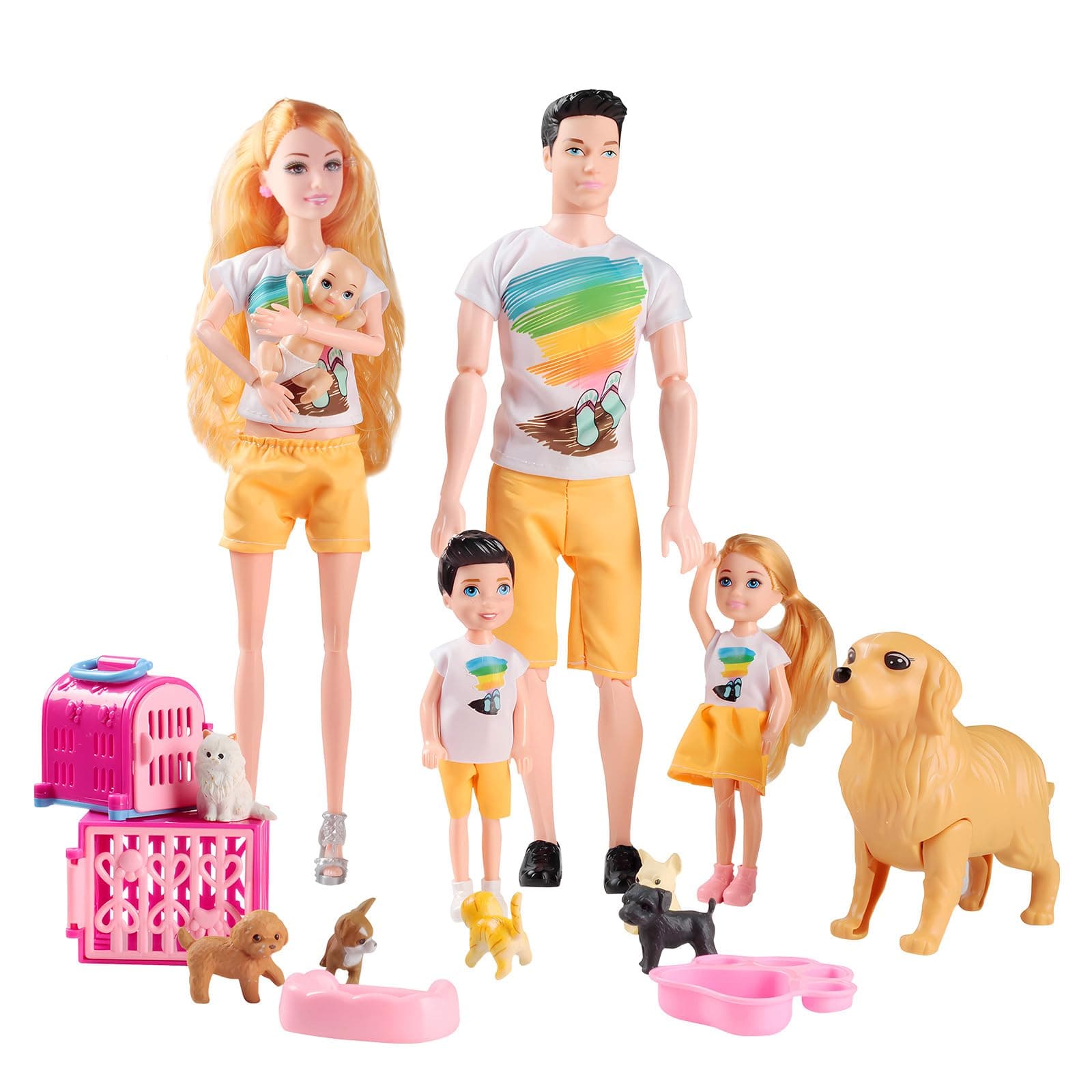 Family Dolls Set of 6 People with Dollhouse Pets Included Pregnant Mom Dad 3 Kids and Baby Boy in Mommy's Tummy, Doll Playsets and Accessories for 3-12 Years Old Toddlers Gift