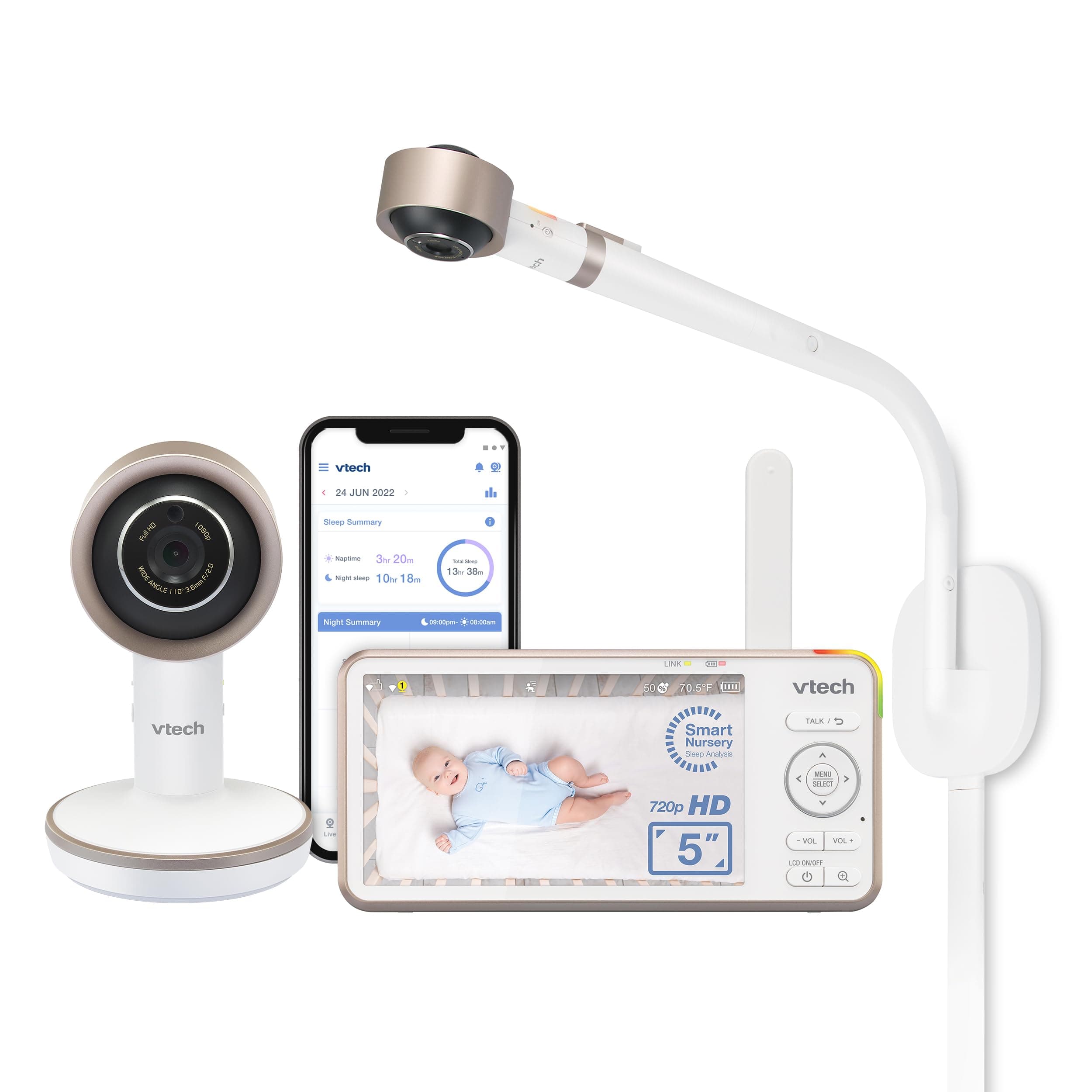 V-Care VC2105 1080p FHD Over-The Crib Mount Smart Baby Monitor 5” 720p LCD Screen,Table Stand,Remote Access,Versatile Placement,Intelligence Detection, Sleep Analysis,18hrs Recording,with WiFi