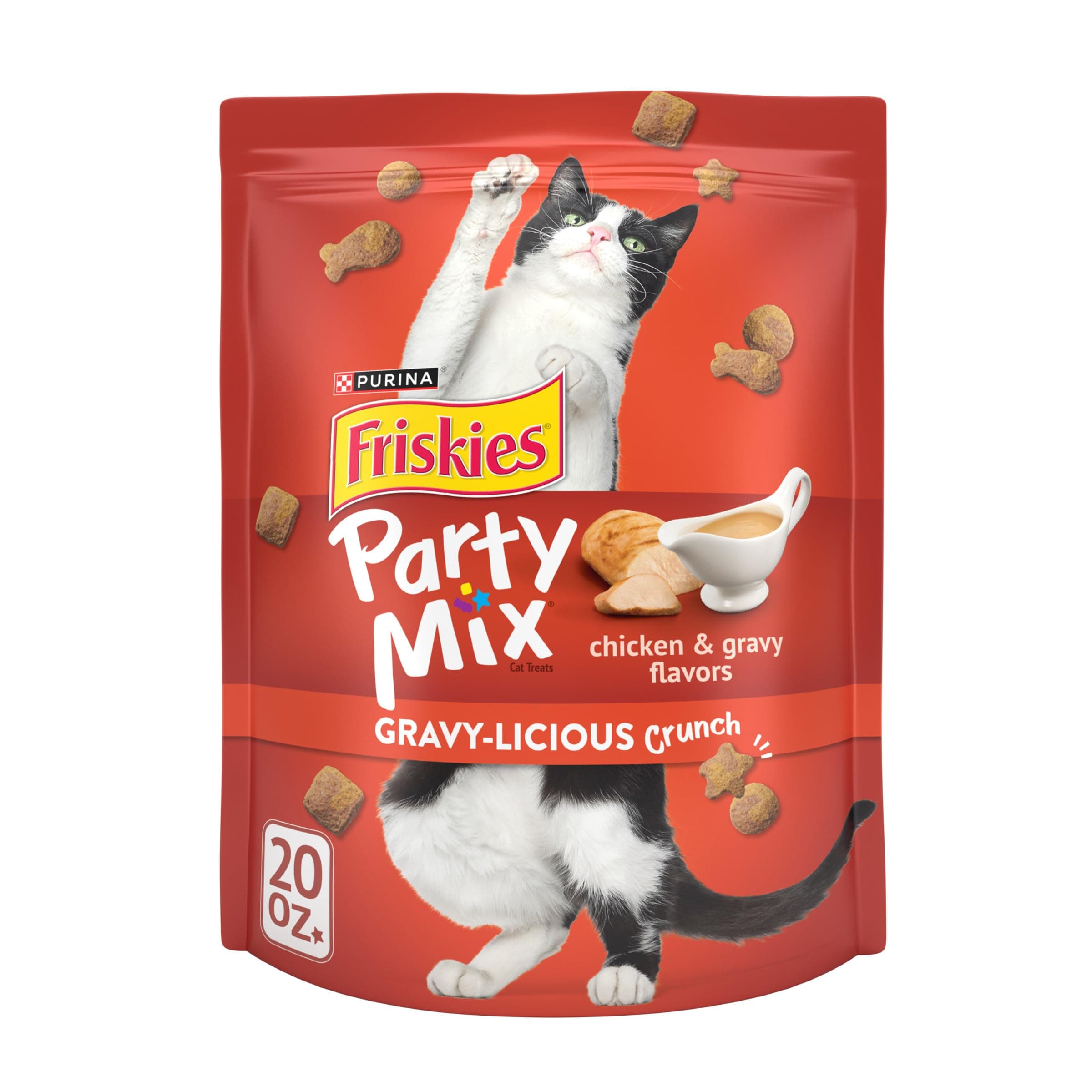 Friskies Purina Made in USA Facilities Cat Treats, Party Mix Crunch Gravylicious Chicken & Gravy Flavors - 20 oz. Pouch