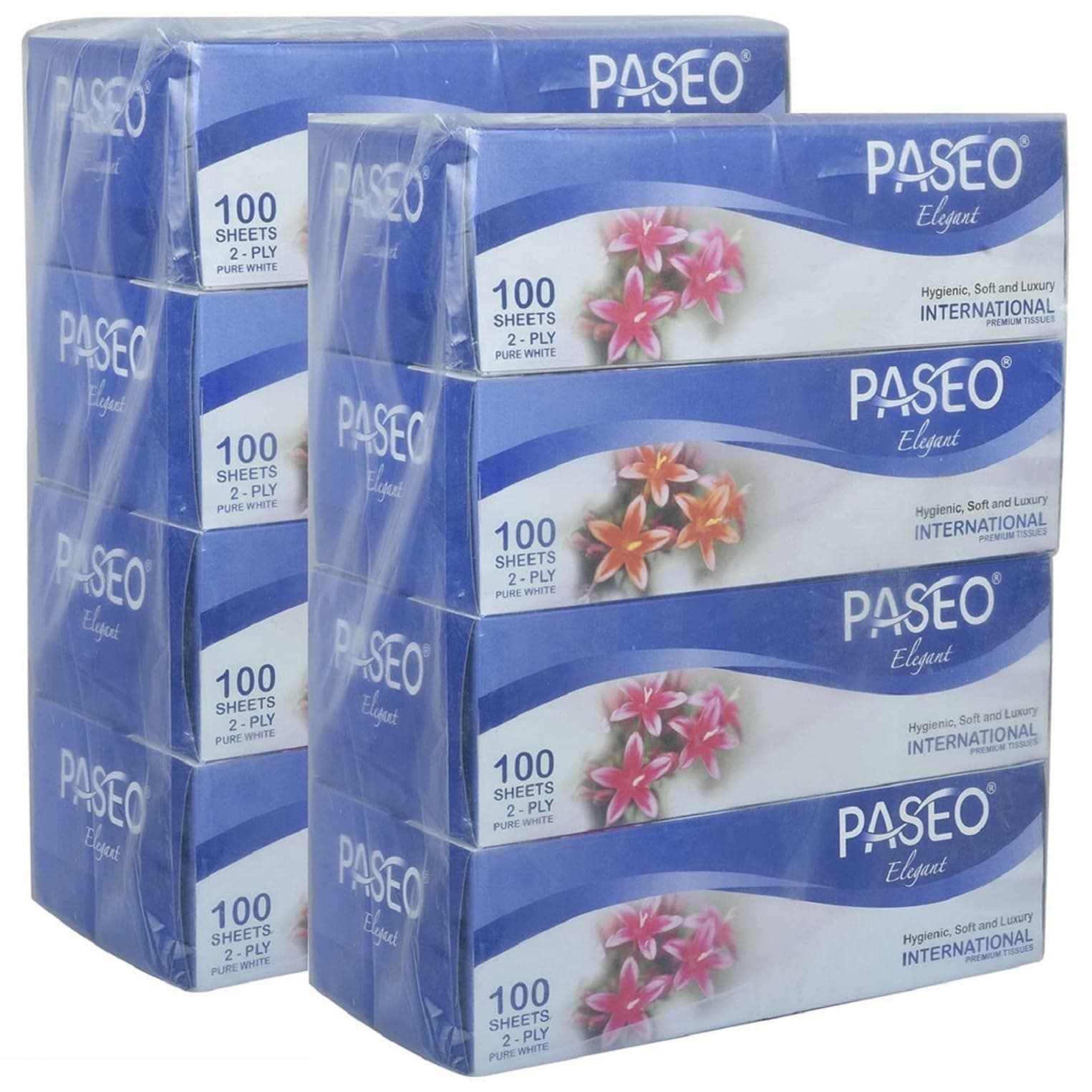 Paseo Elegant 2-Ply International Premium Facial Tissues, Hygienic, Soft and Luxury (19.5x20cm Each Sheet, 100 Sheets Each Box, White, 8 Boxes)