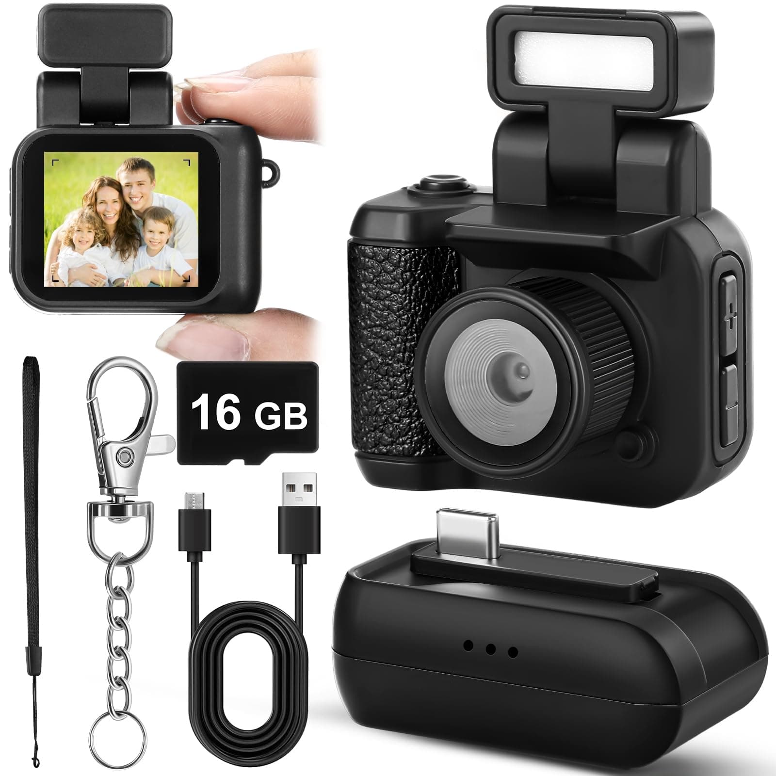 Mini Digital Camera Keychain with Flash Light 1080p Tiny Camera Mini Retro Micro Dv/Camcorder with 600 Mins Battery Life Compact Portable Recorder for Travel Study Recording(Black,16 GB)