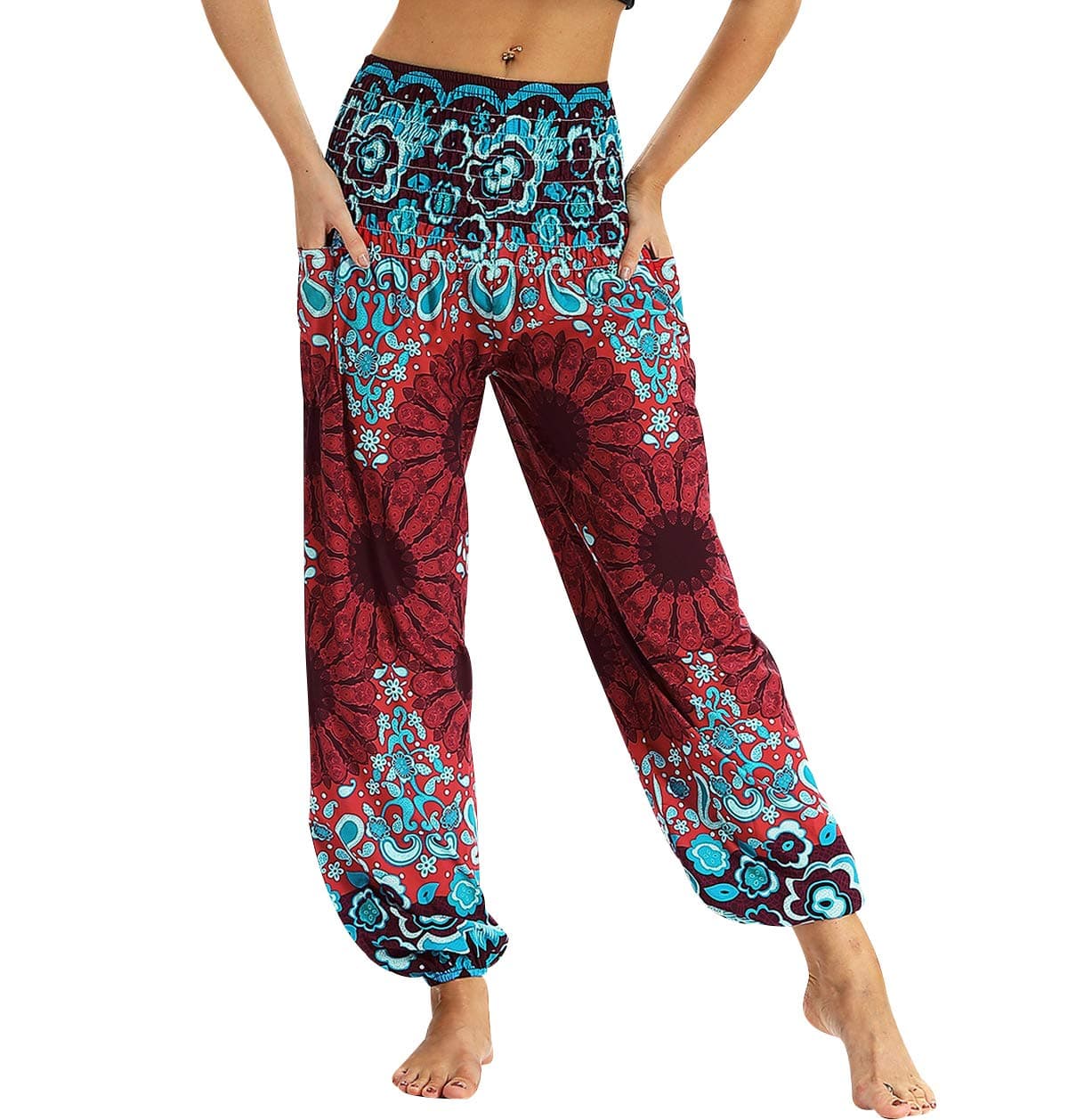 Harem Pants Womens Thai Baggy Aladdin Trousers Bohemian Hippie Yoga Dance Parachute Genie Pants Ladies Boho Patterned Wide Leg Trousers Loose Casual Beach Thailand Jumpsuit Summer Plus Size