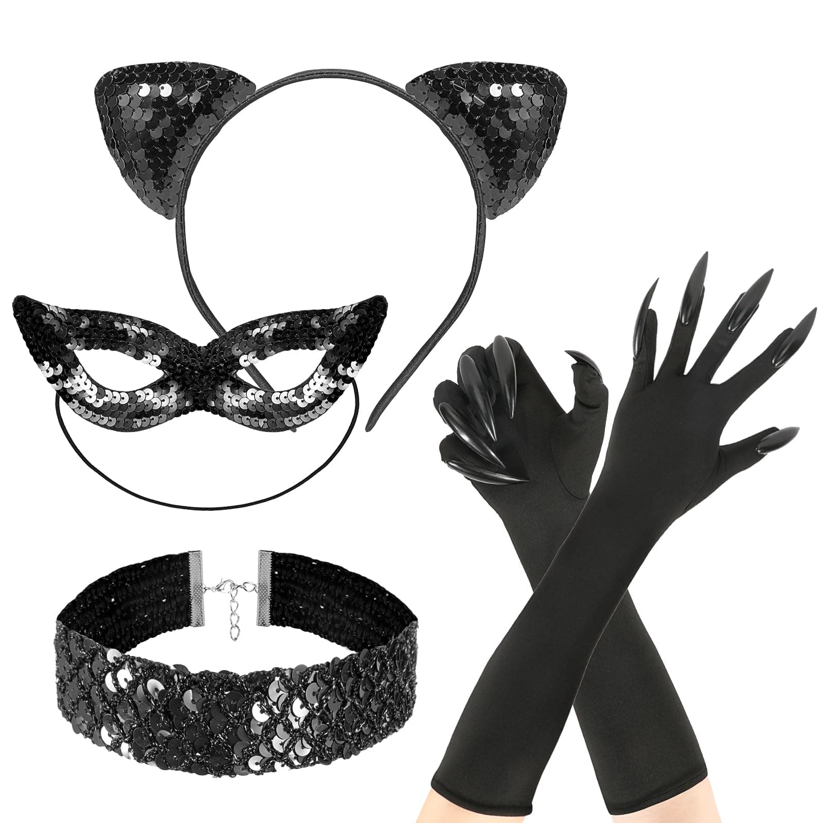 Hifot Cat Costume Kit Accessories Women Girls, Cat Ears Necklace Claw Gloves Cat Mask Costume Catwoman Woman Costume Accessories Adults Party Halloween