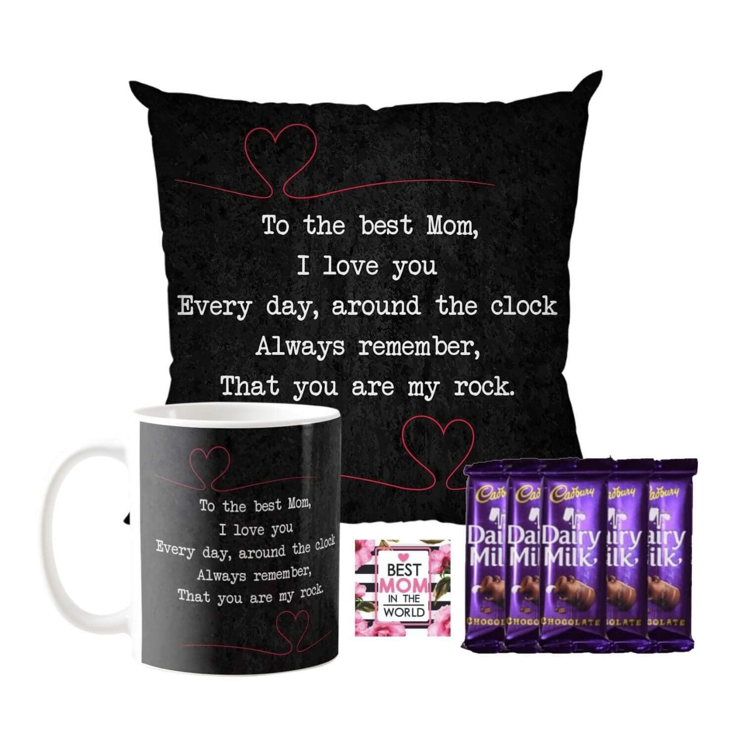 YaYa cafe™ Mother's Day Chocolate Gifts Combo for Mom - Happy Mother's Day Mug, Cushion Cover, 5 Dairy Milk Chocolate, with Coaster