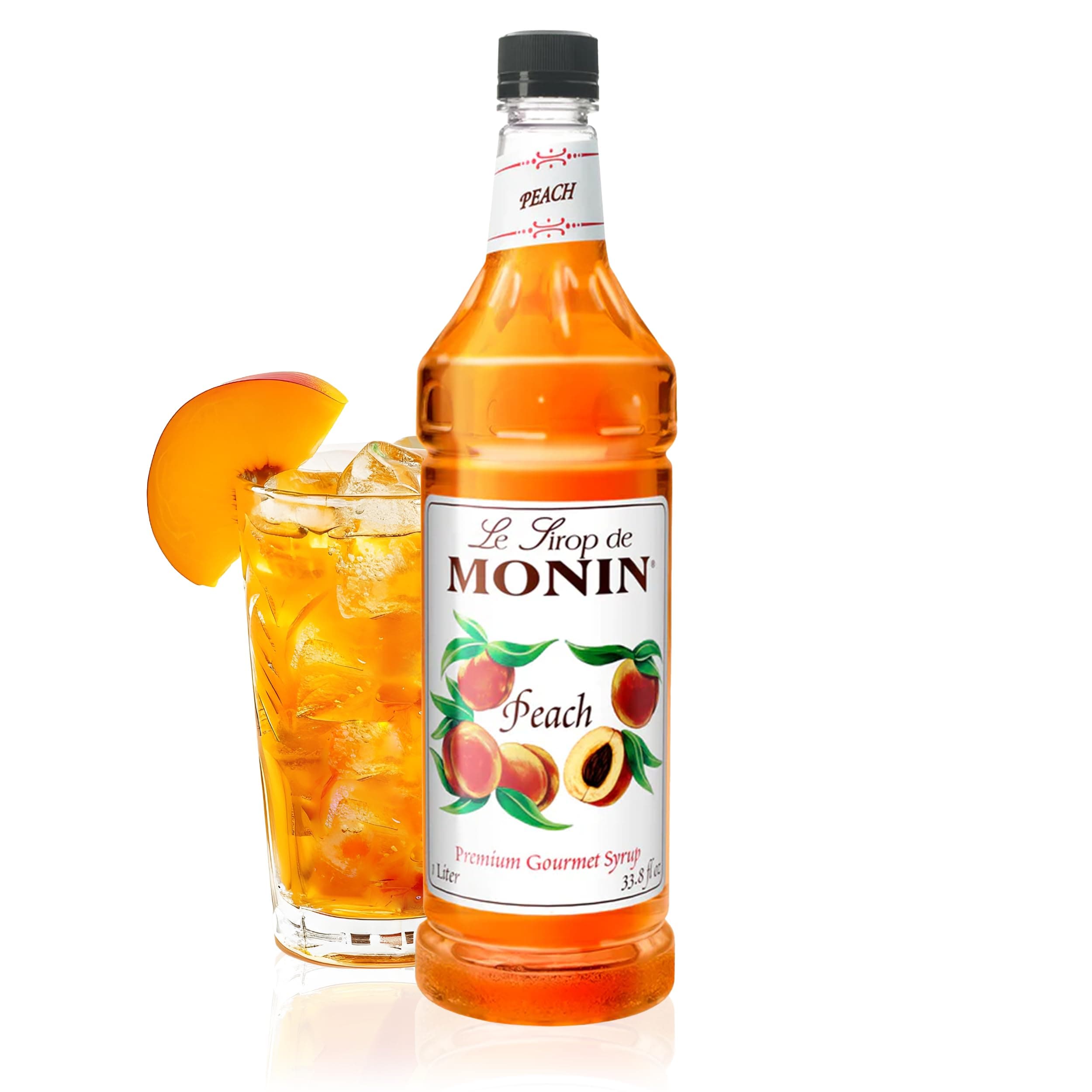 Monin Peach Syrup, Fresh Juicy Flavors, Great for Iced Teas, Lemonades & Sodas, Non-GMO, Gluten Free (1 Liter)