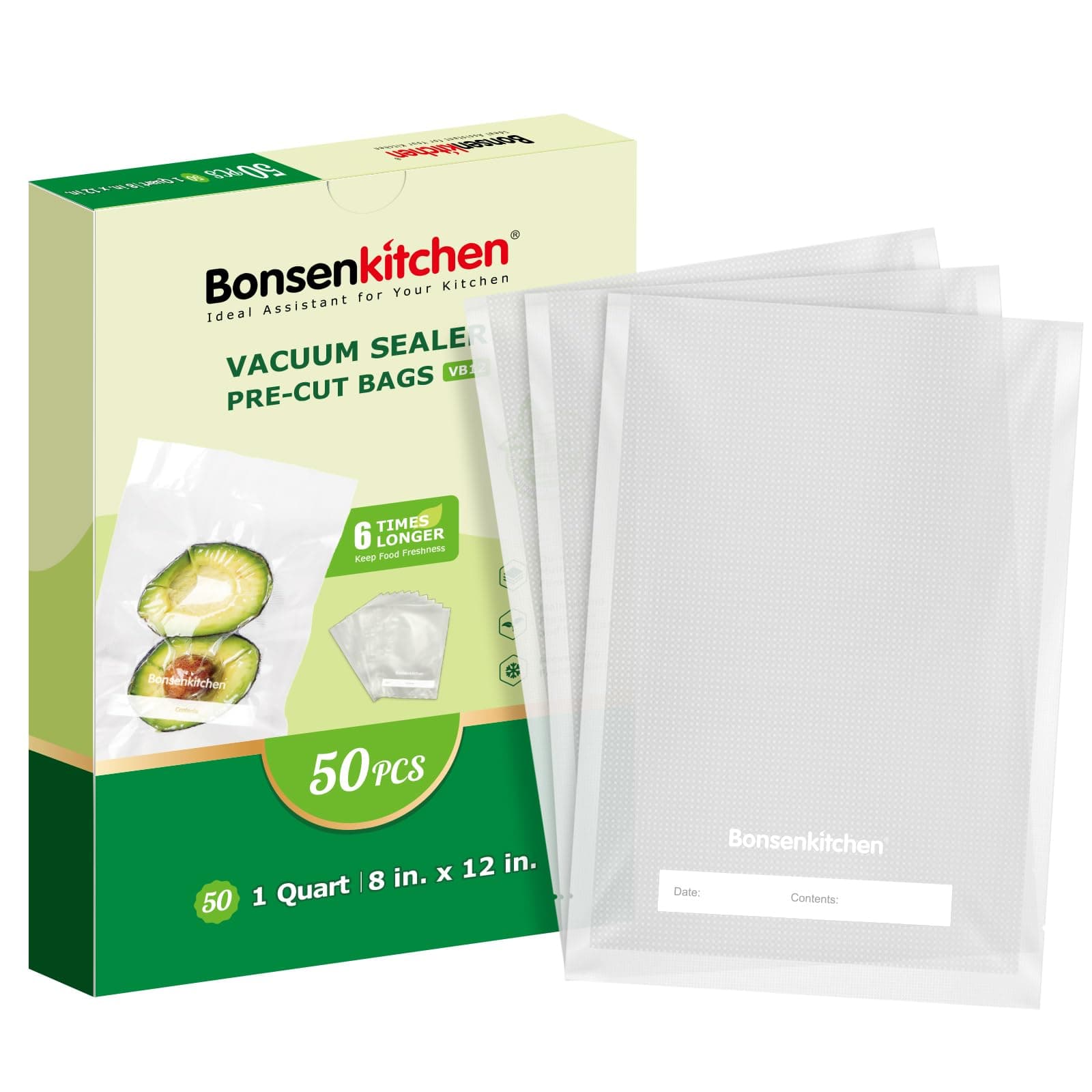 Bonsenkitchen Vacuum Sealer Bags, 50 Quart 8" x 12" Precut Food Sealer Bags, Commercial Grade, BPA Free, Heavy Duty, Customized Size Vacuum Bags for Vac Storage, Meal Prep or Sous Vide Cooking, VB12