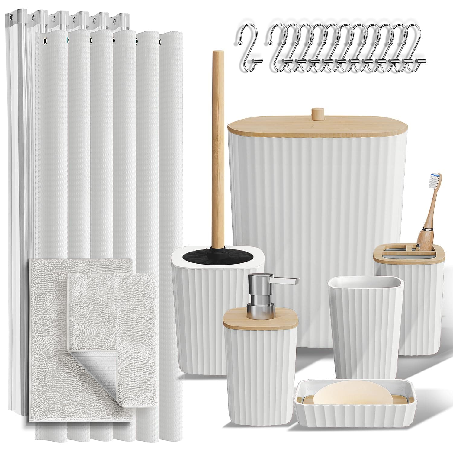 Clara Clark Bathroom Accessories Set - Bathroom Set, Bathroom Sets with Shower Curtain and Rugs, Shower Curtain Set with Bathroom Trash Can - White - 22PC