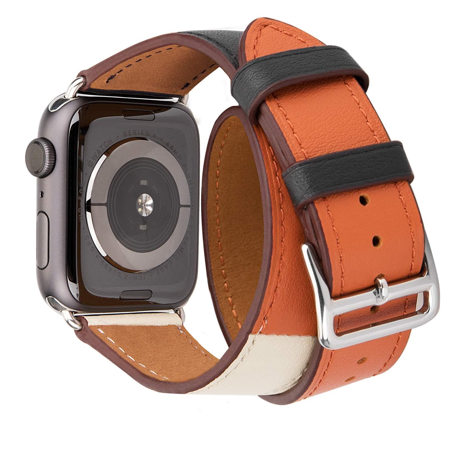 Genuine Leather Watch Band 40mm 38mm Wrist Strap Replacement for 40 mm Series 4 and Series 1 2 3 38 mm Replace Smartwatch Double Tour Loop Bracelet (Double -Indigo/Craie/Orange, 38/40 mm)