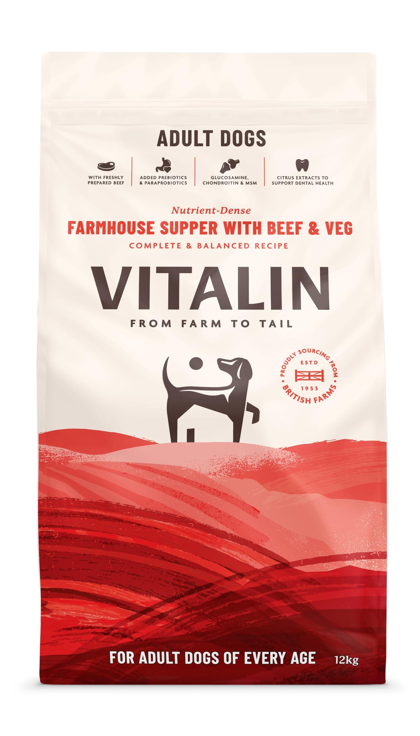 VitalinAdult Farmhouse Supper with Beef and Veg Dry Dog Food | Added Joint, Gut & Dental Support | 12KG