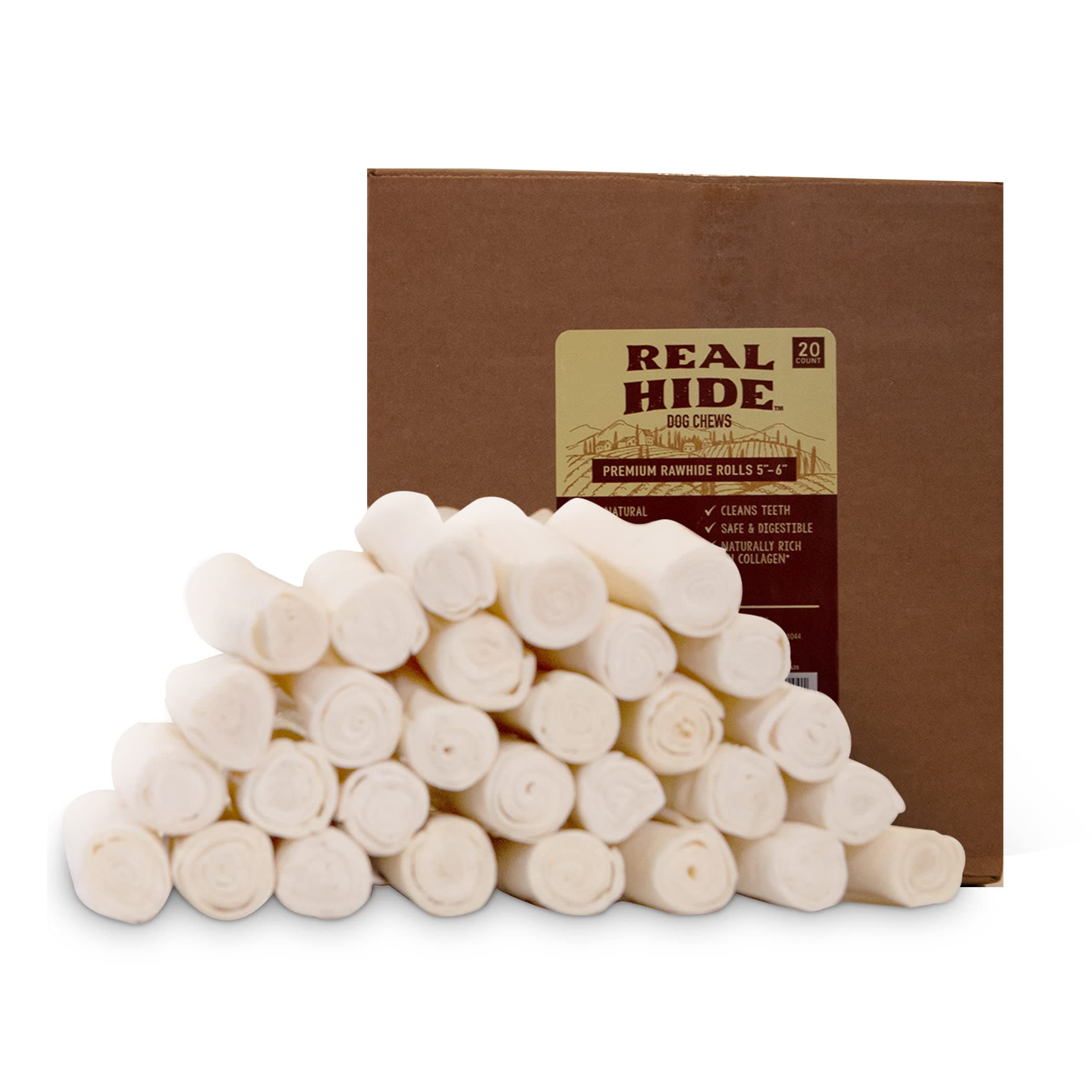 | All Natural Dog Chew Treats - Premium Rawhide Rolls, 9-10 Inch - Long Lasting Grass Fed Free Range Beef Hide - Medium/Large Dogs - 20 Count