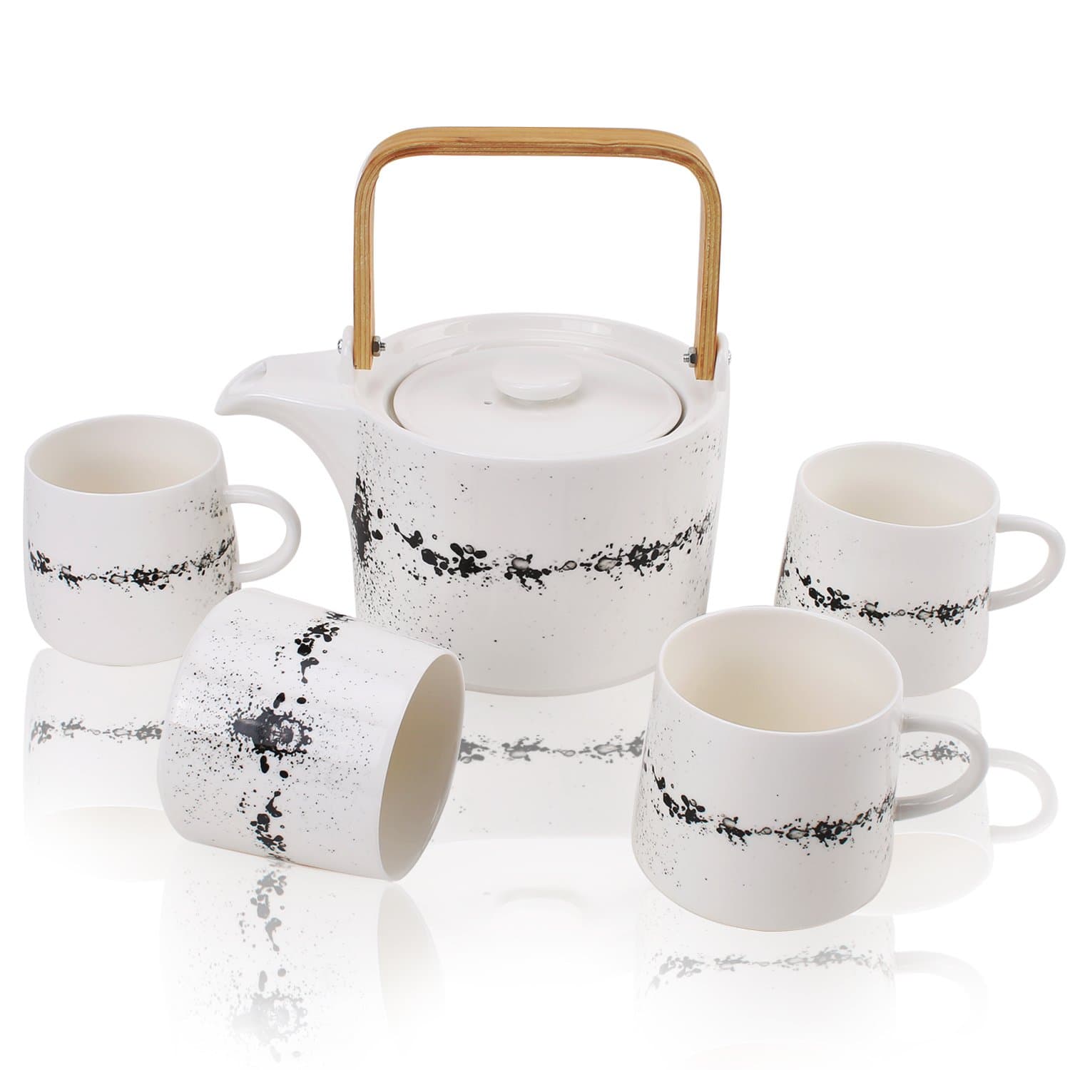 YALONG Black and White Porcelain Tea Set Coffee Service with Wooden Handle and Infuser, Teapot and 4 Cups Set Serves for 4, Wedding Christmas Gift