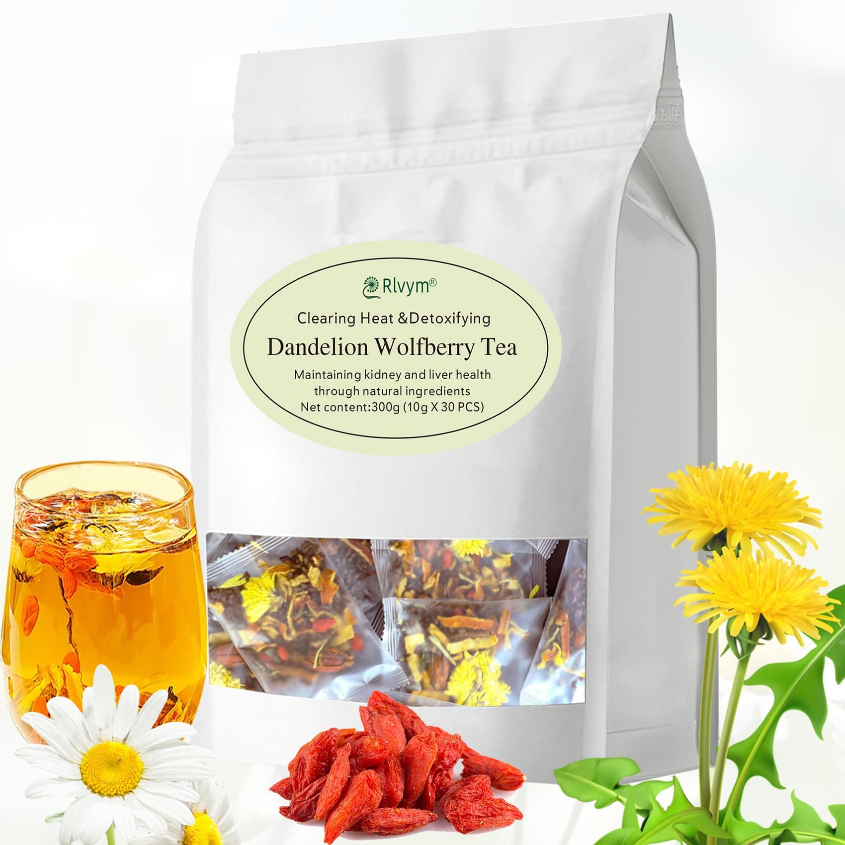 30 Bags Dandelion Wolfberry Tea, Goji Berry Chrysanthemum Cassia Seed Tea, Seven Natural Herbal Ingredients, For Kidney & Liver Health(30bags, 300g)