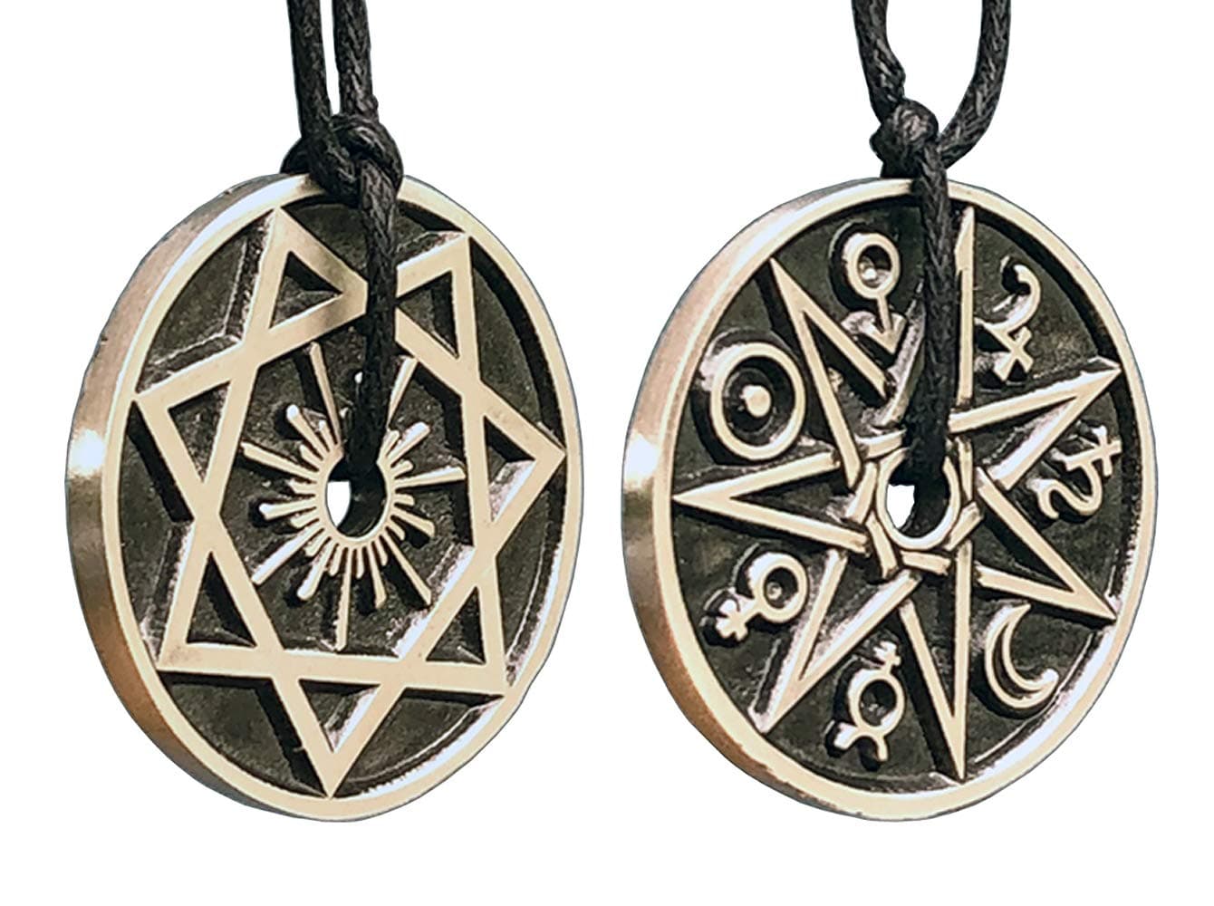 Magic Pagan Jewelry 2 sided Septagram 7 Pointed Fairy Star Heptagram Silver Pewter Unisex Pendant Necklace Money Luck Lucky Charm Protection Amulet Wicca Safe travel Talisman w Black Adjustable Cord