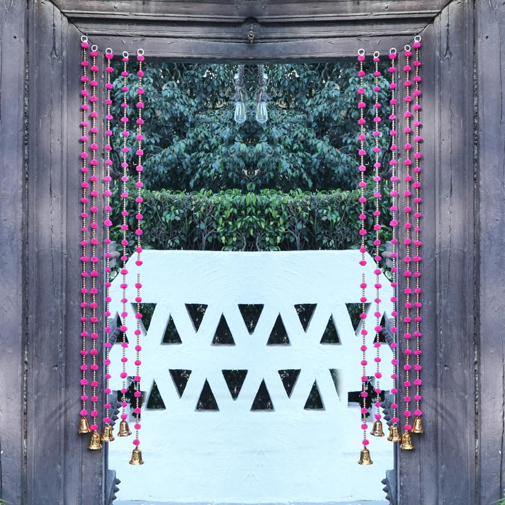 Handmade Dark Pink Strings Pom Pom for Door,Wall Hanging Bandhanwar Toran, Garland for Decoration Diwali Festival,Navratri,Wedding (4FT, 10 Strings)