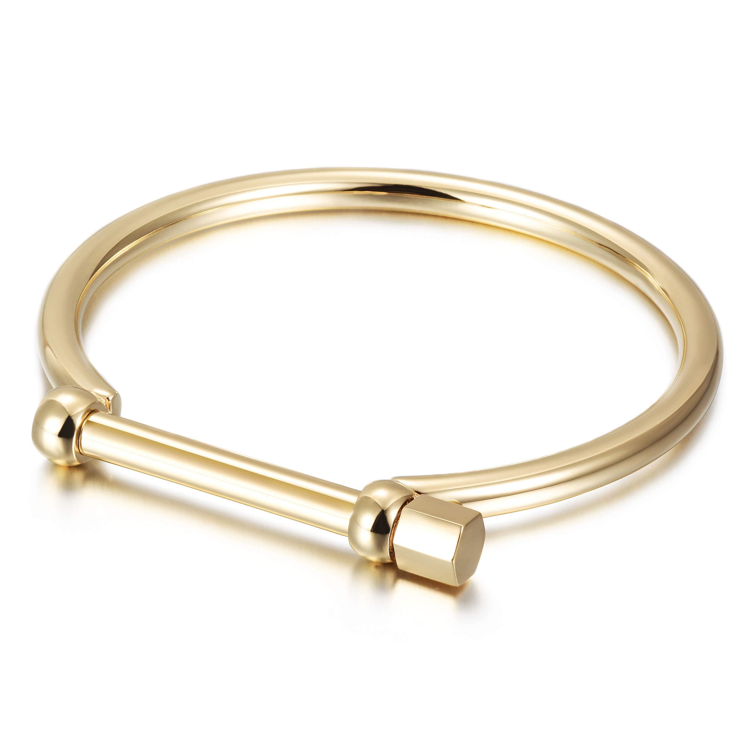 18K Gold Bar Screw Cuff Bangle Bracelets for Women, Black Closely Screw Barrel Clasp for Men, Silver Stainless Steel Bracelet for Couples, 7.25"-8.5" Inner Circ.